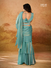 Teal Blue Ruffle Saree with Embellished Blouse