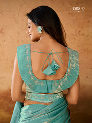 Teal Blue Ruffle Saree with Embellished Blouse