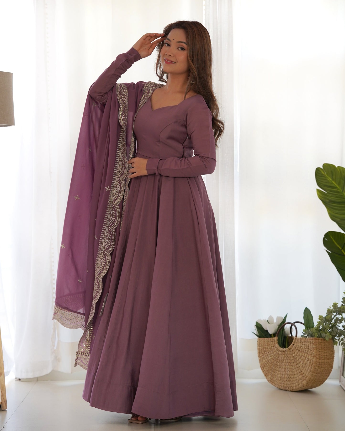 Exquisite Pure Romansilk Chanderi Designer Anarkali Pant Suit - Ethnicwish