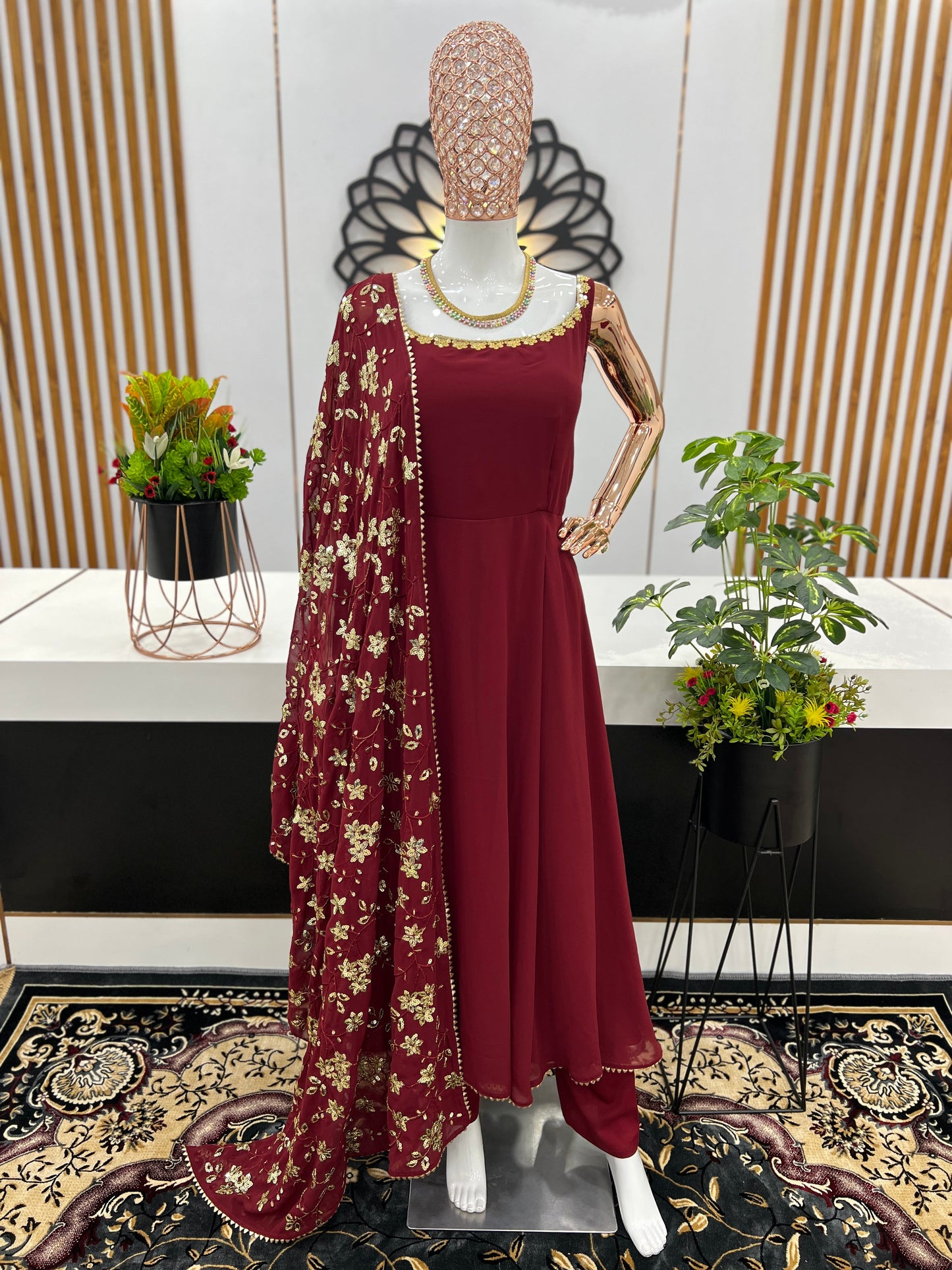 Classy Maroon Heavy Faux Georgette Anarkali Gown With Embroidery Sequence Work Dupatta