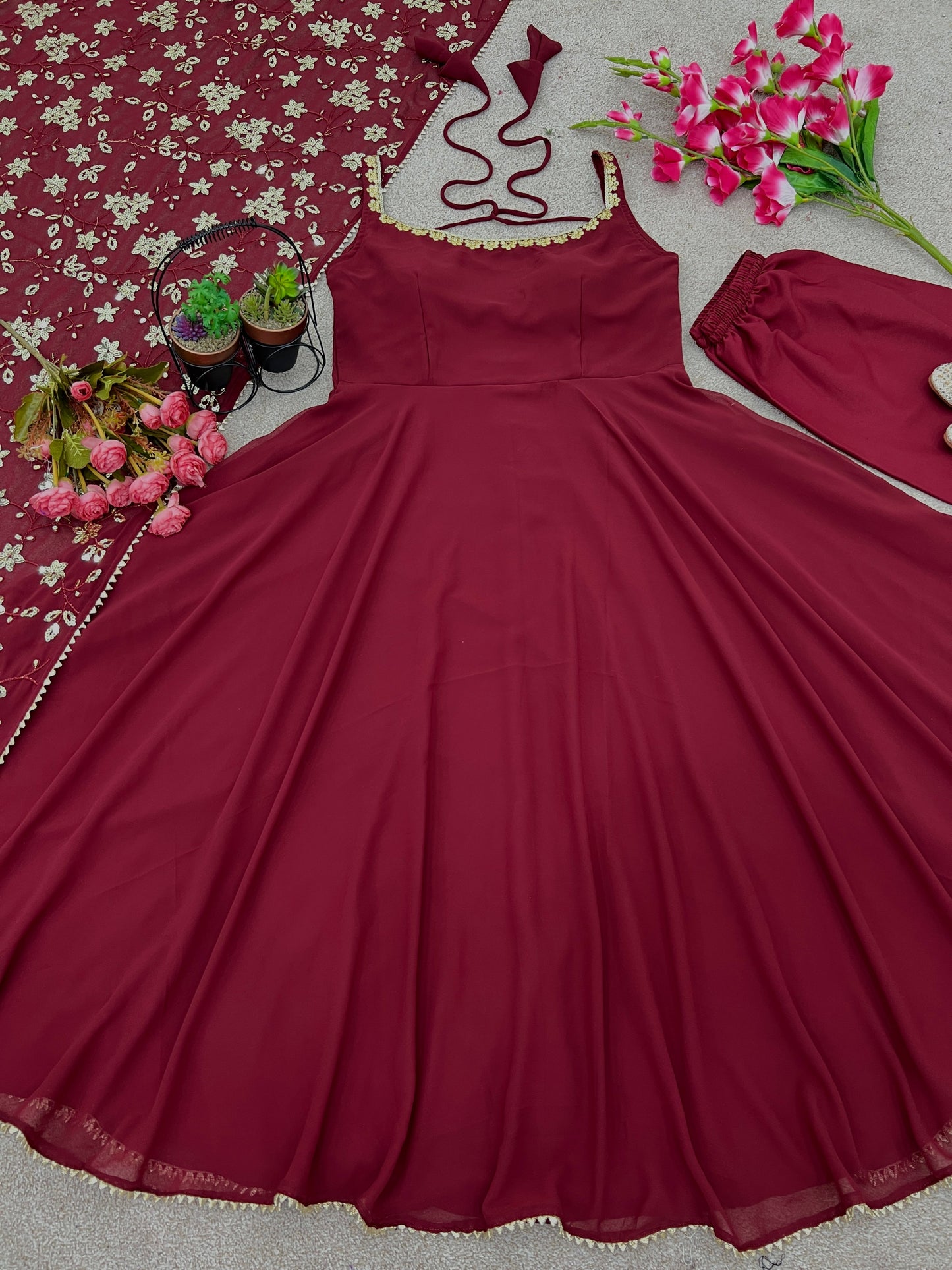Classy Maroon Heavy Faux Georgette Anarkali Gown With Embroidery Sequence Work Dupatta