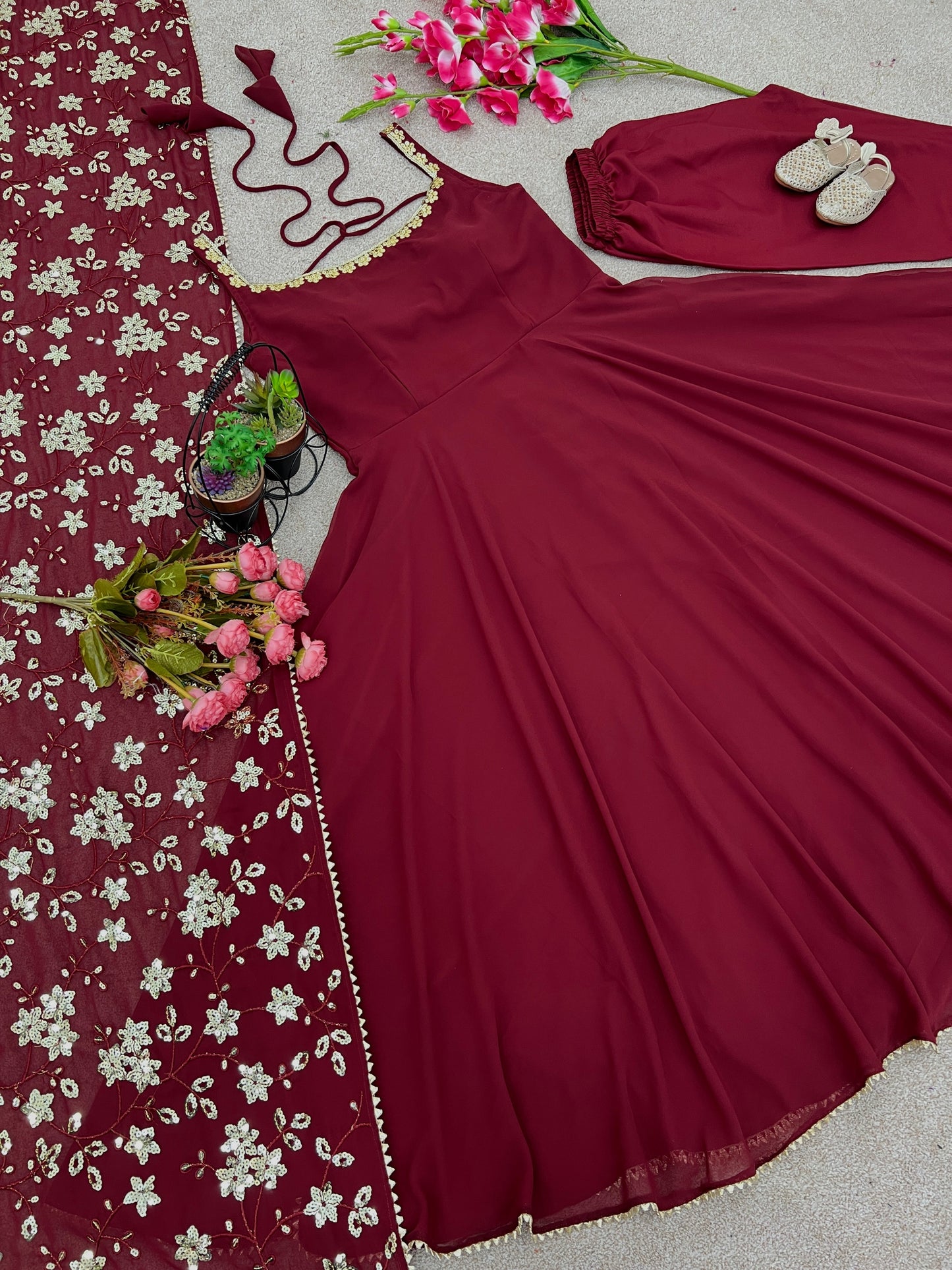 Classy Maroon Heavy Faux Georgette Anarkali Gown With Embroidery Sequence Work Dupatta