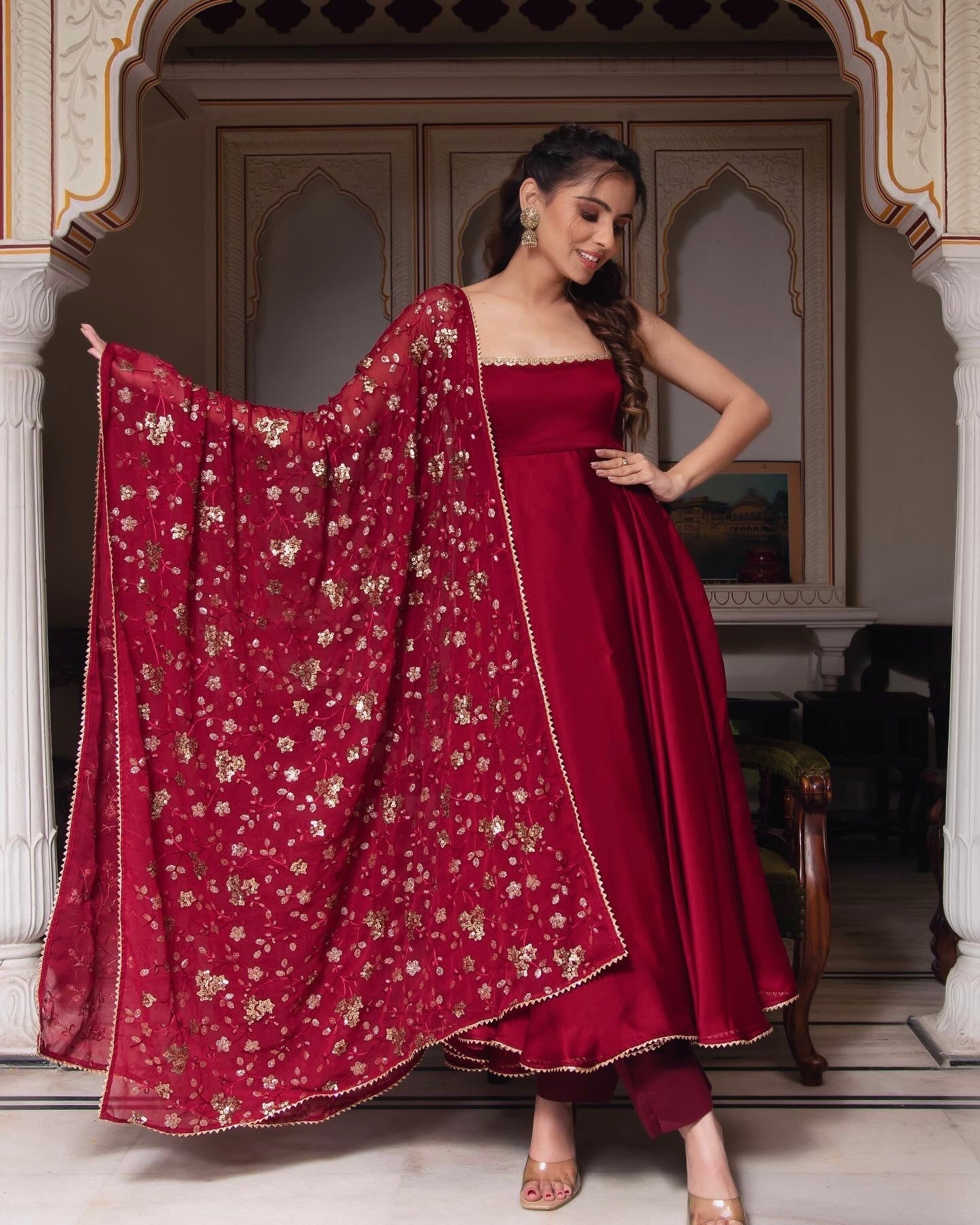 Classy Maroon Heavy Faux Georgette Anarkali Gown With Embroidery Sequence Work Dupatta