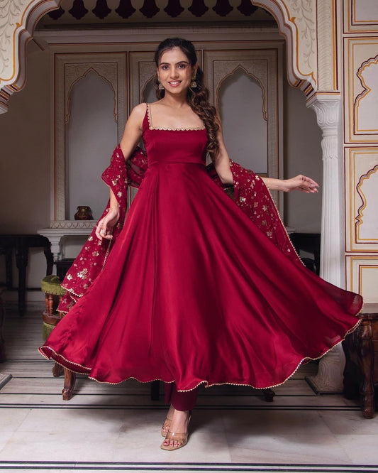Classy Maroon Heavy Faux Georgette Anarkali Gown With Embroidery Sequence Work Dupatta