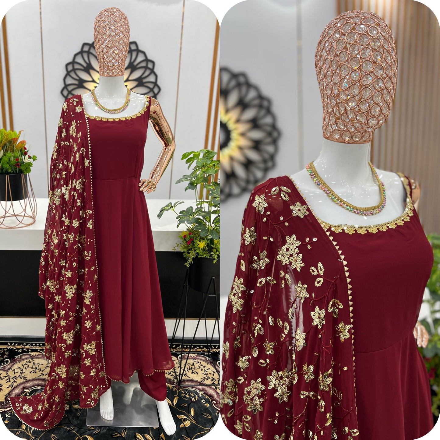 Classy Maroon Heavy Faux Georgette Anarkali Gown With Embroidery Sequence Work Dupatta