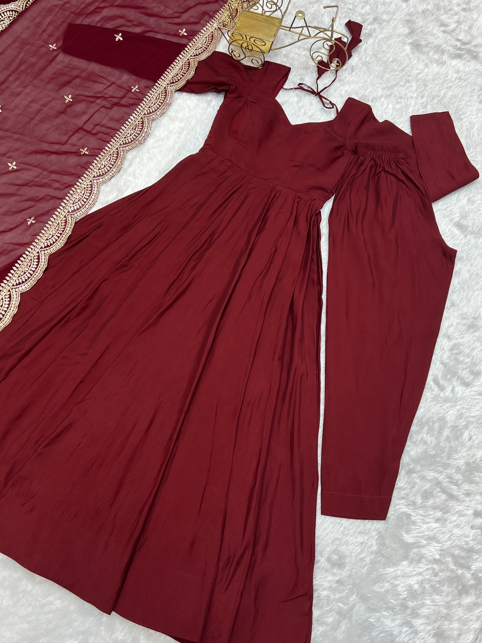 Exquisite Pure Romansilk Chanderi Designer Anarkali Pant Suit - Ethnicwish