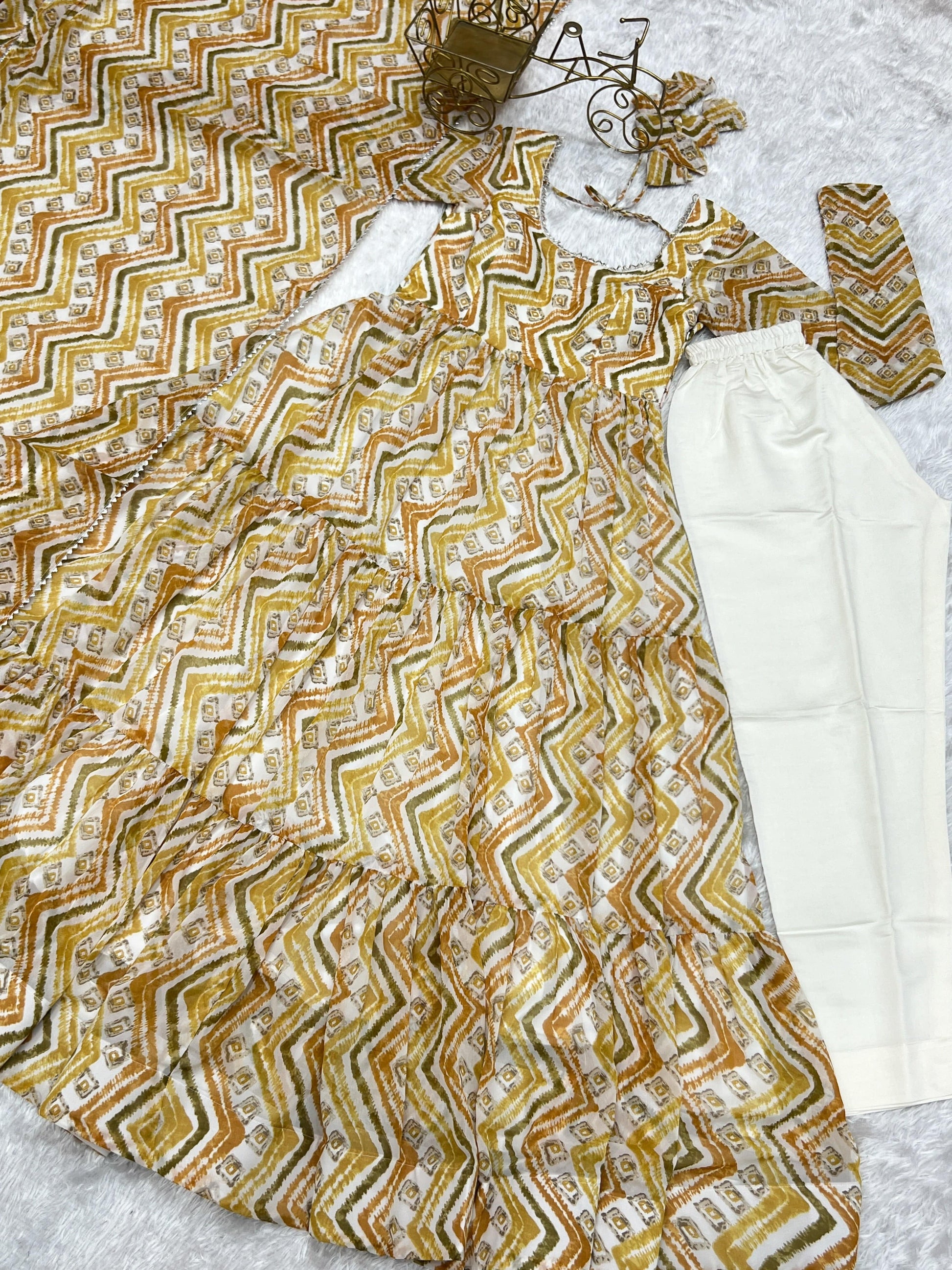 Resplendent Faux Georgette Zigzag Printed Anarkali Pant Suit - Ethnicwish