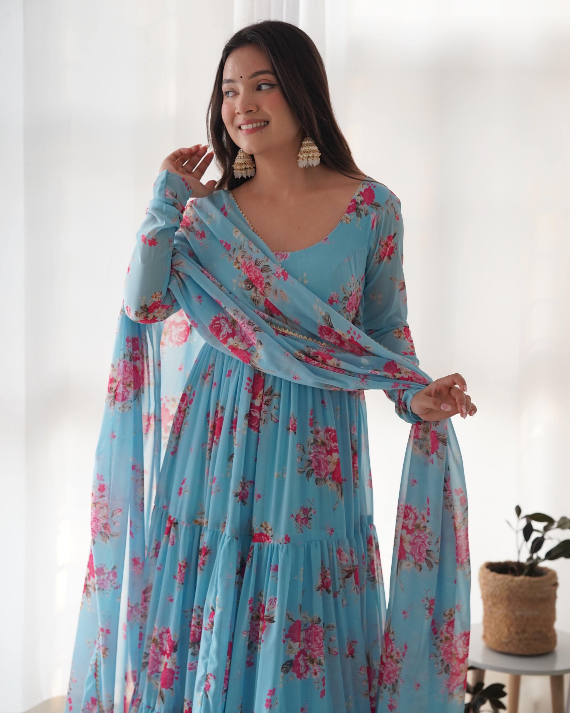 Radiant Sky Blue Floral Printed Fully Stitched Anarkali Pant Suit - Ethnicwish