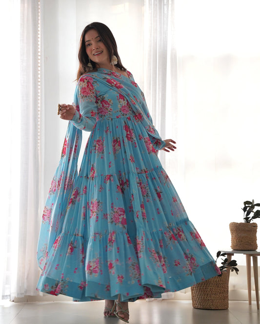 Radiant Sky Blue Floral Printed Fully Stitched Anarkali Pant Suit - Ethnicwish