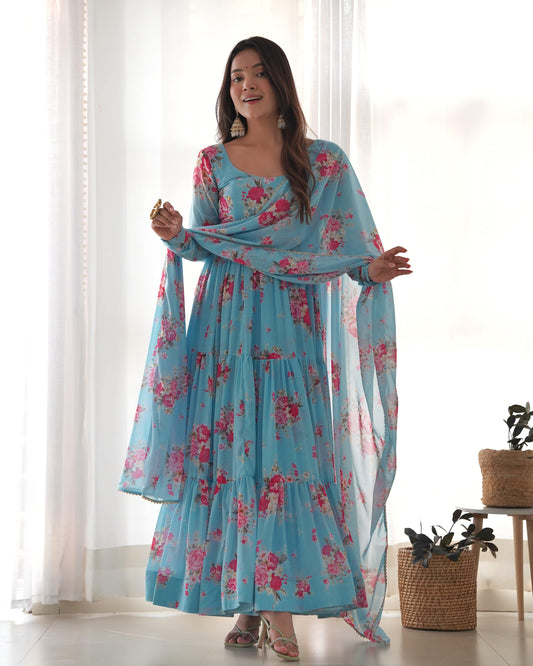 Radiant Sky Blue Floral Printed Fully Stitched Anarkali Pant Suit - Ethnicwish