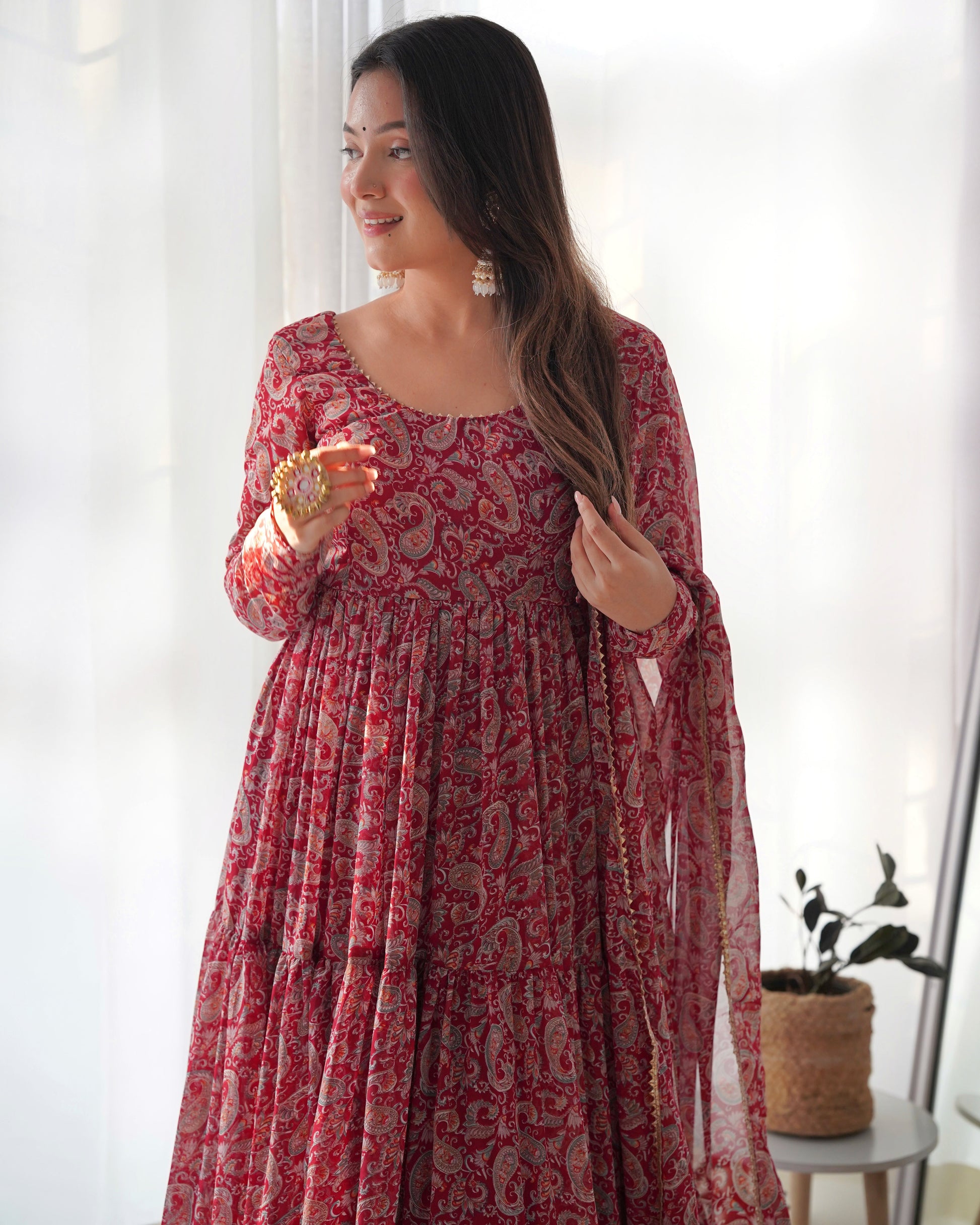 Winsome Faux Georgette Kalamkari Printed Anarkali Pant Suit - Ethnicwish