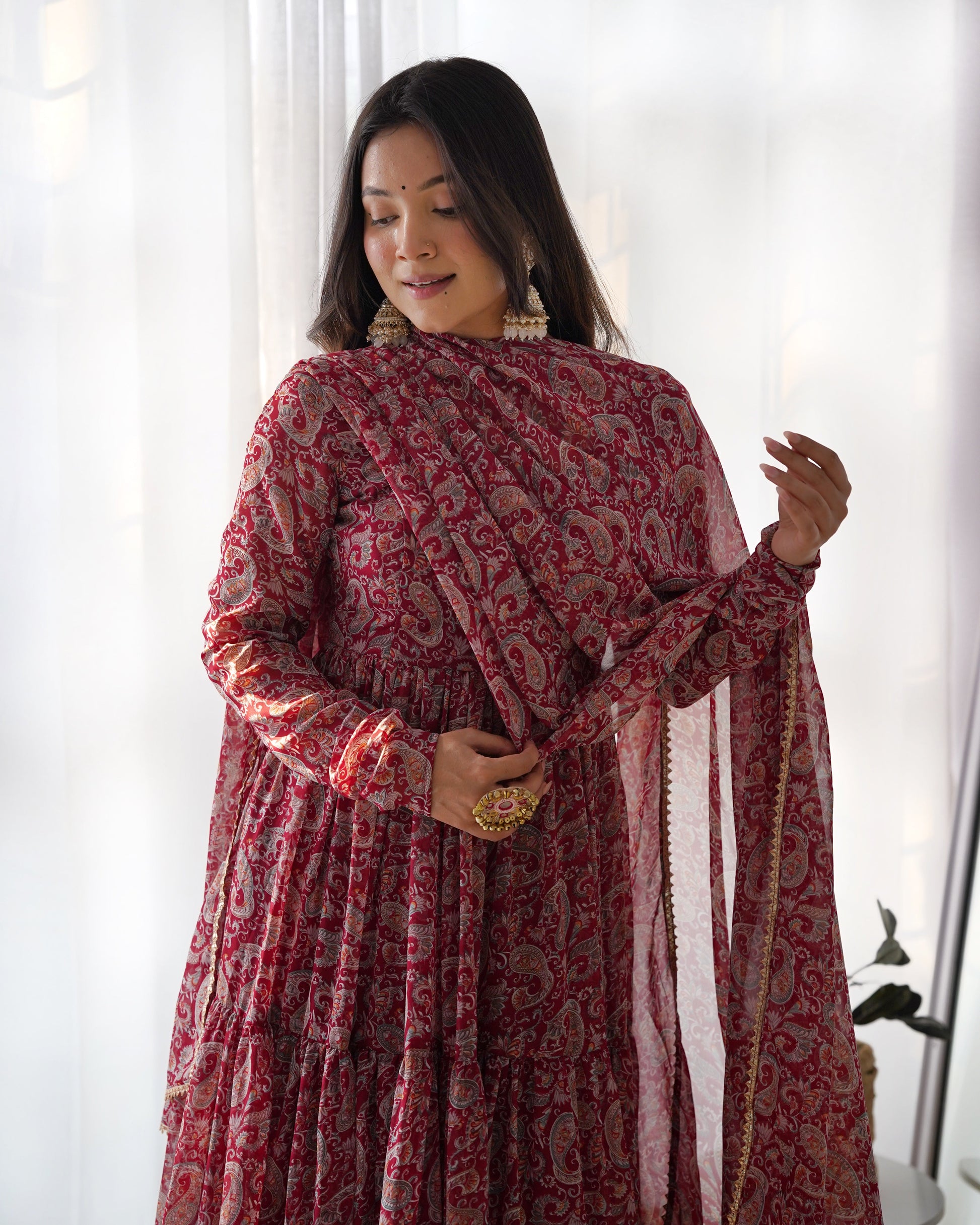 Winsome Faux Georgette Kalamkari Printed Anarkali Pant Suit - Ethnicwish