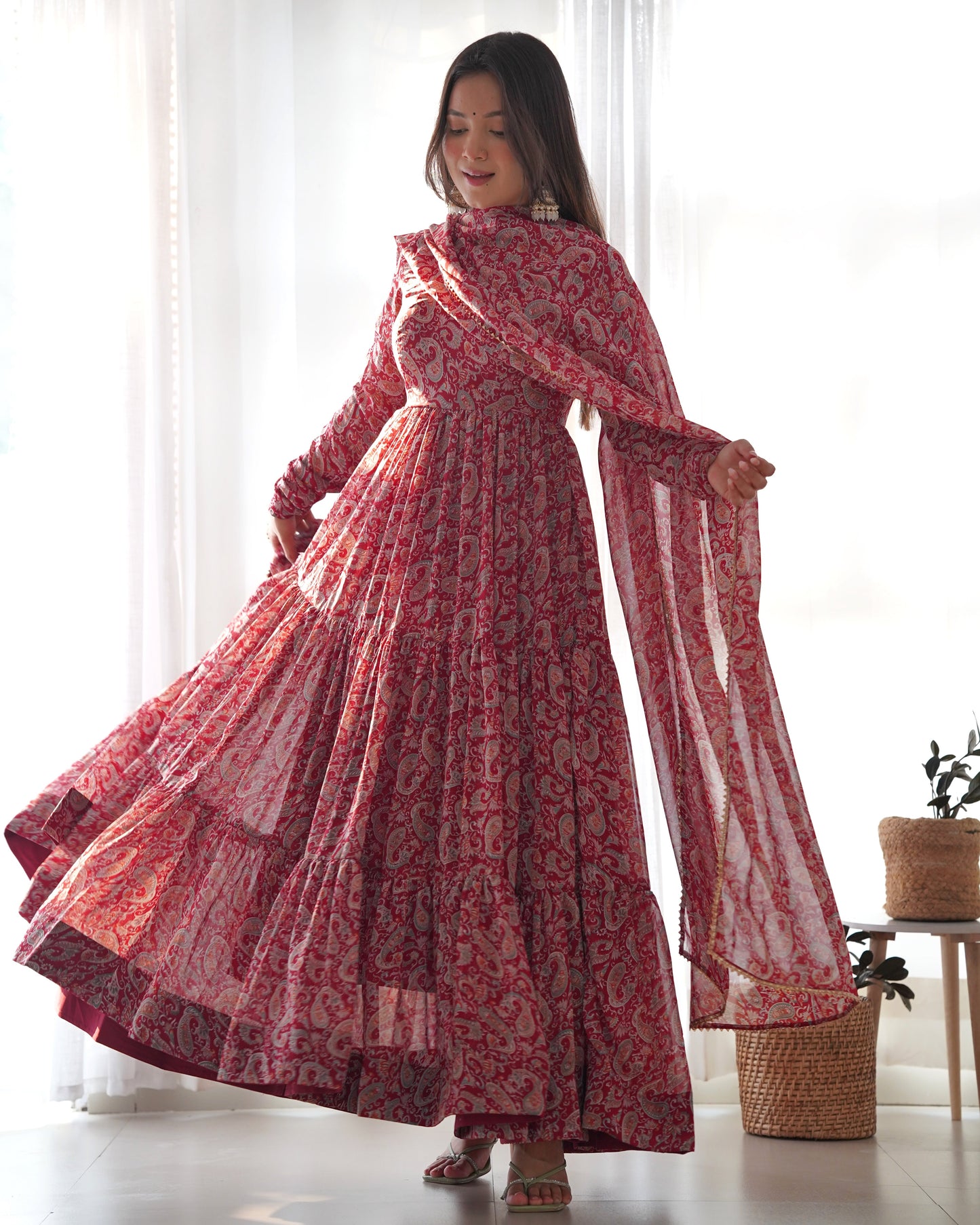 Winsome Faux Georgette Kalamkari Printed Anarkali Pant Suit - Ethnicwish