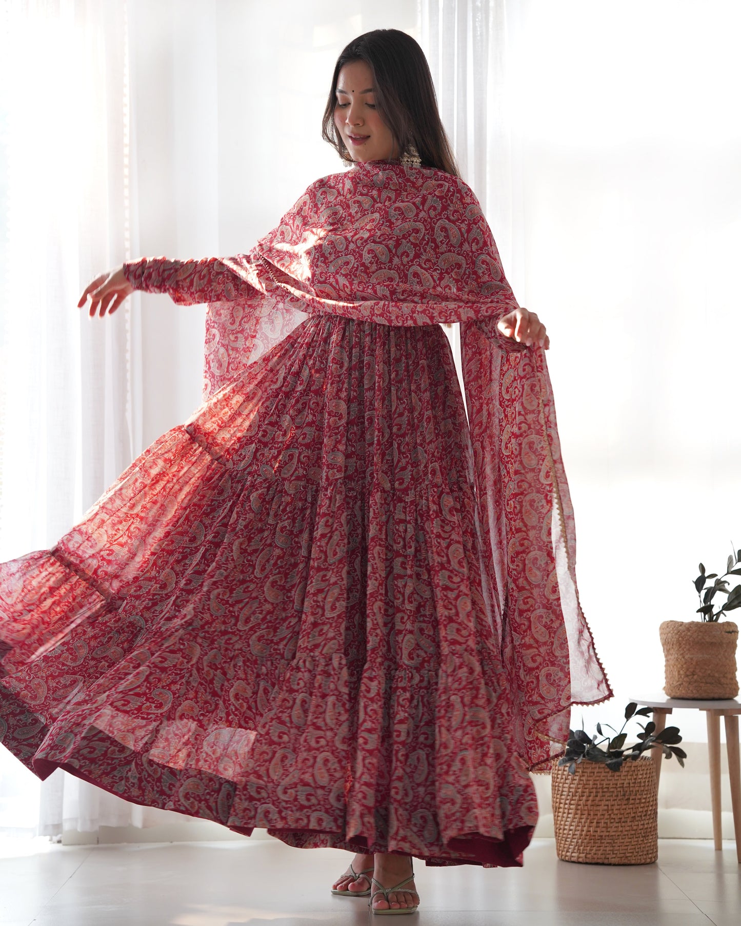Winsome Faux Georgette Kalamkari Printed Anarkali Pant Suit - Ethnicwish