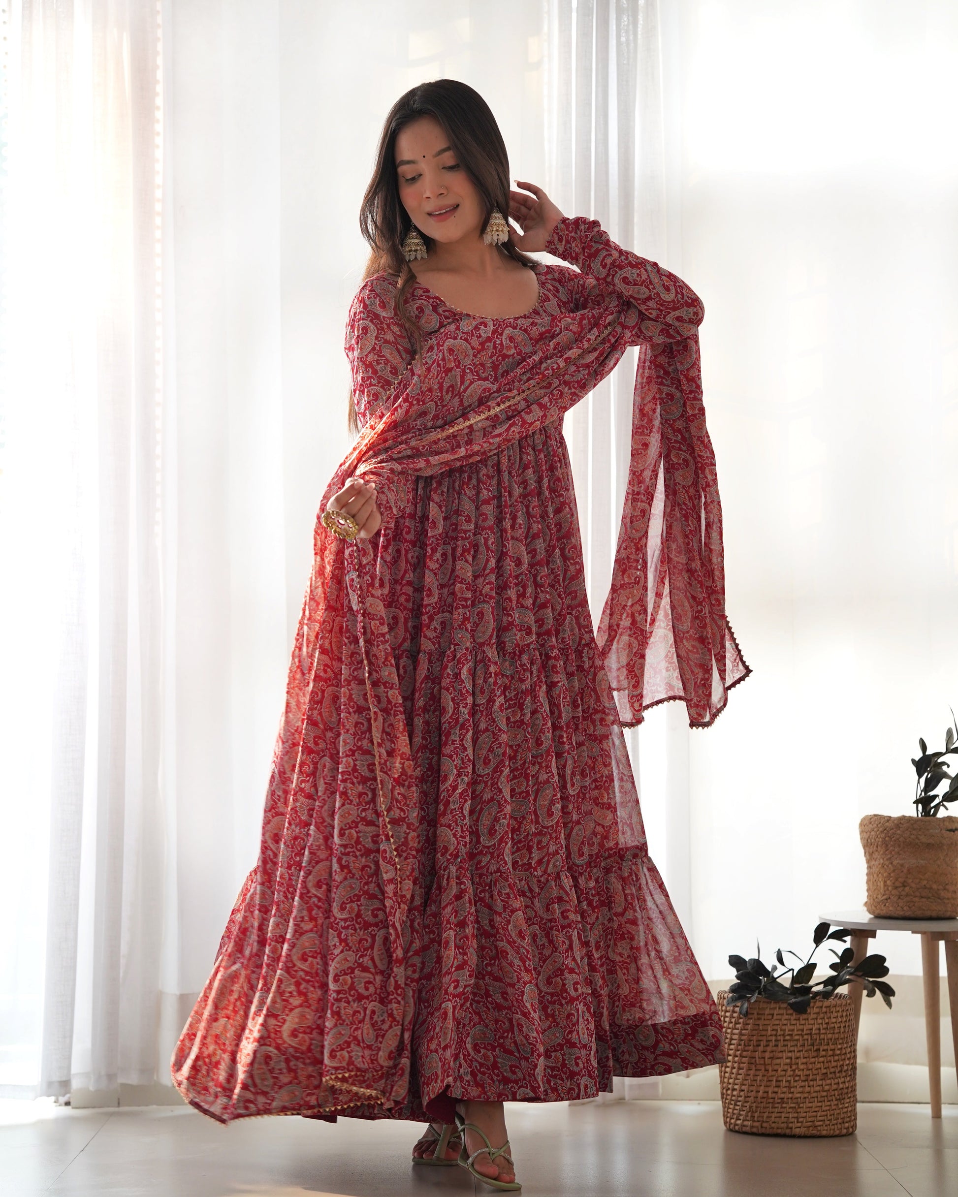 Winsome Faux Georgette Kalamkari Printed Anarkali Pant Suit - Ethnicwish