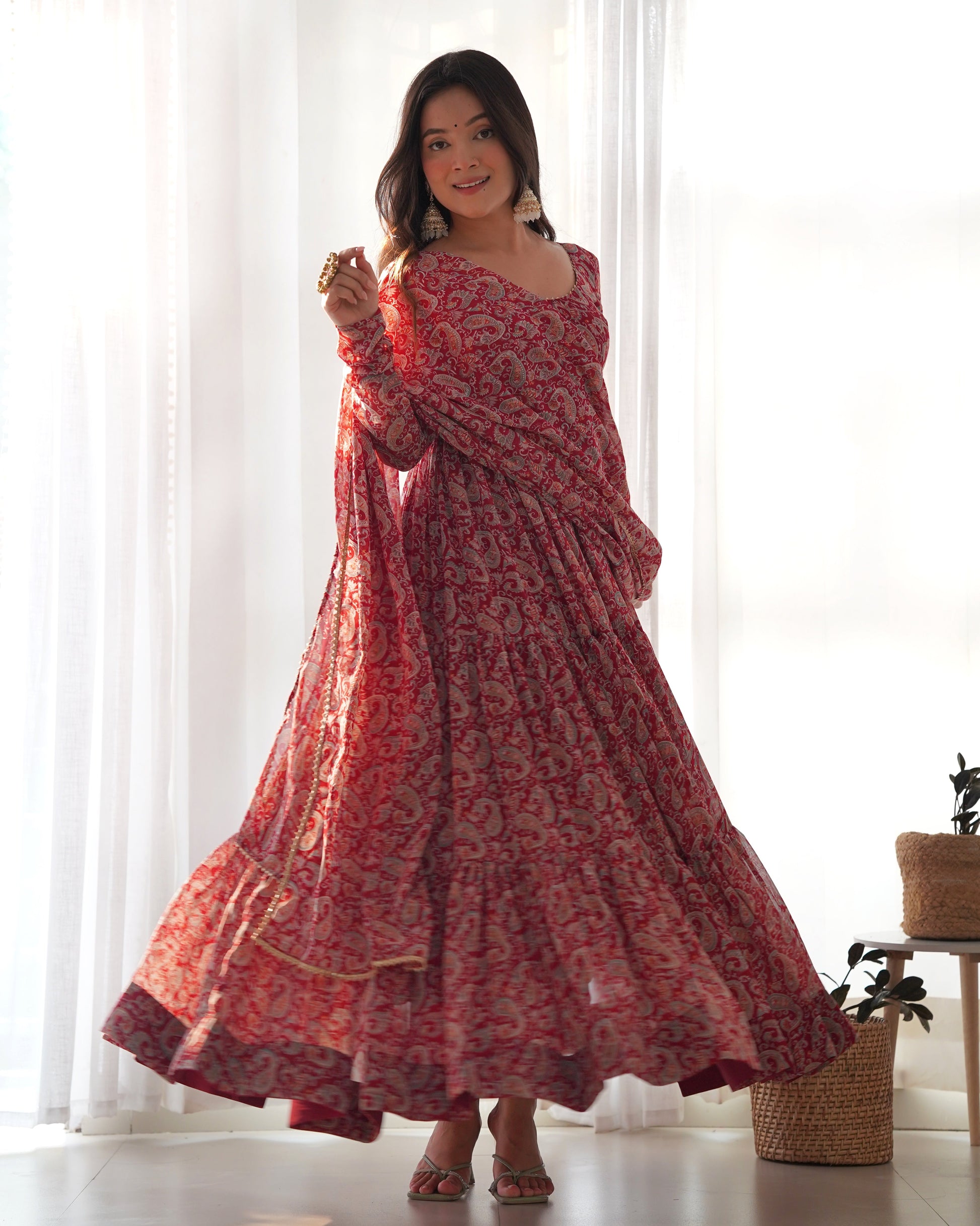 Winsome Faux Georgette Kalamkari Printed Anarkali Pant Suit - Ethnicwish