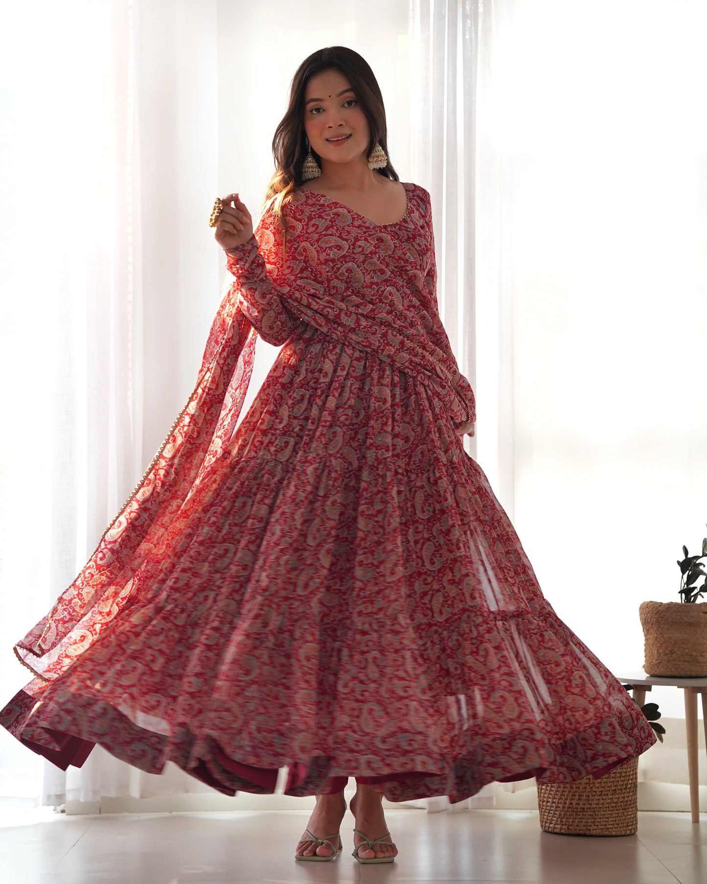Winsome Faux Georgette Kalamkari Printed Anarkali Pant Suit - Ethnicwish