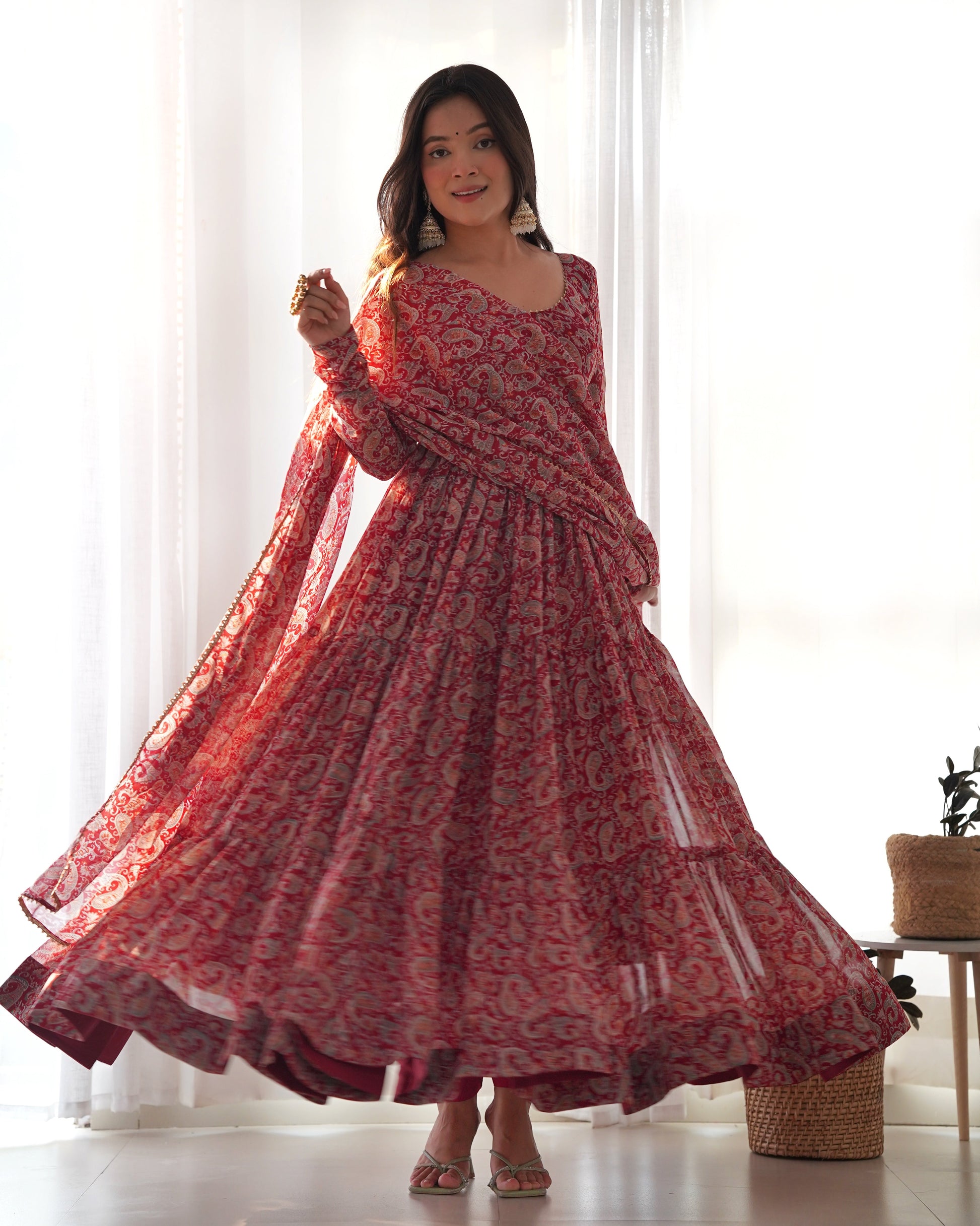 Winsome Faux Georgette Kalamkari Printed Anarkali Pant Suit - Ethnicwish