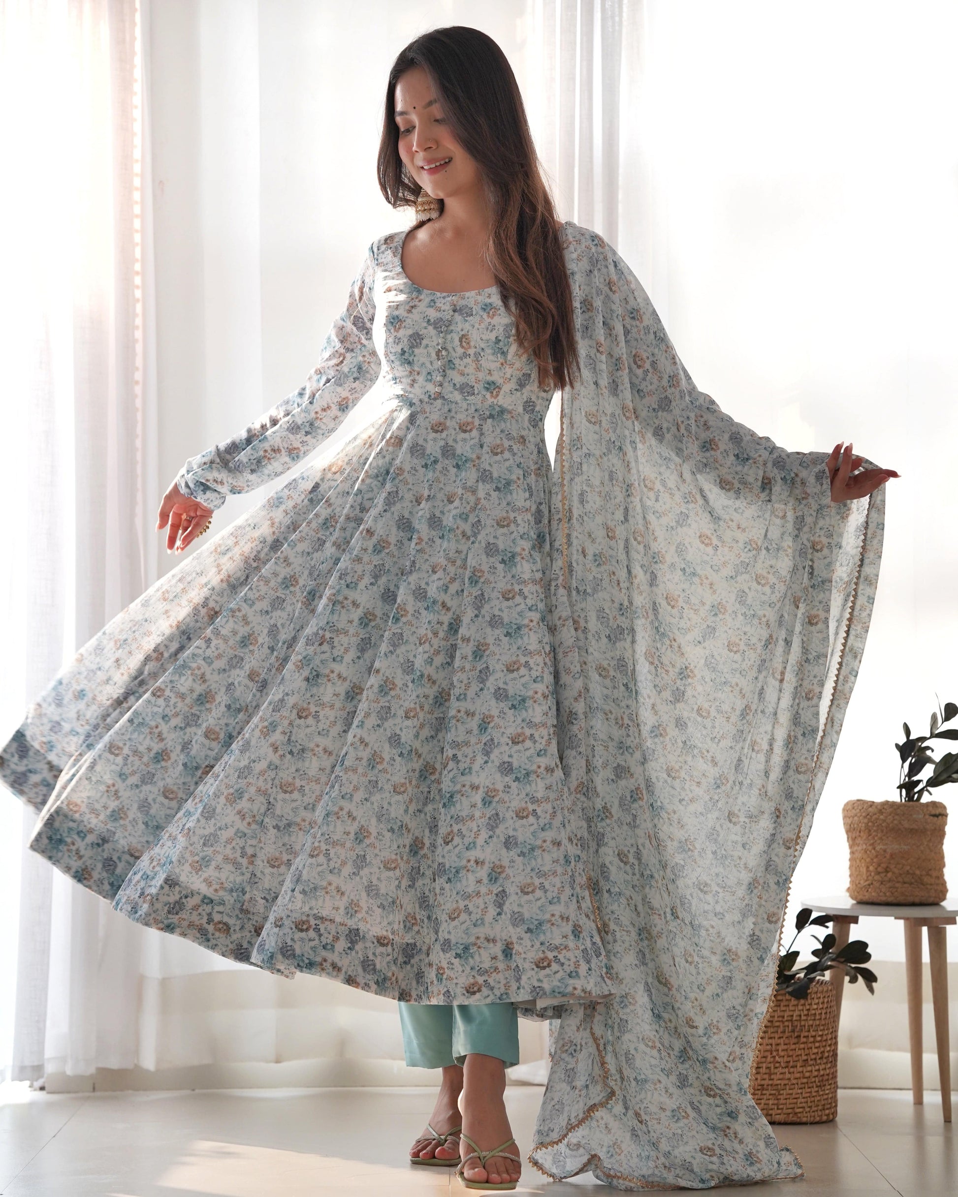 Exquisite Chiffon Floral Digital Printed Fully Stitched Anarkali Pant Suit - Ethnicwish