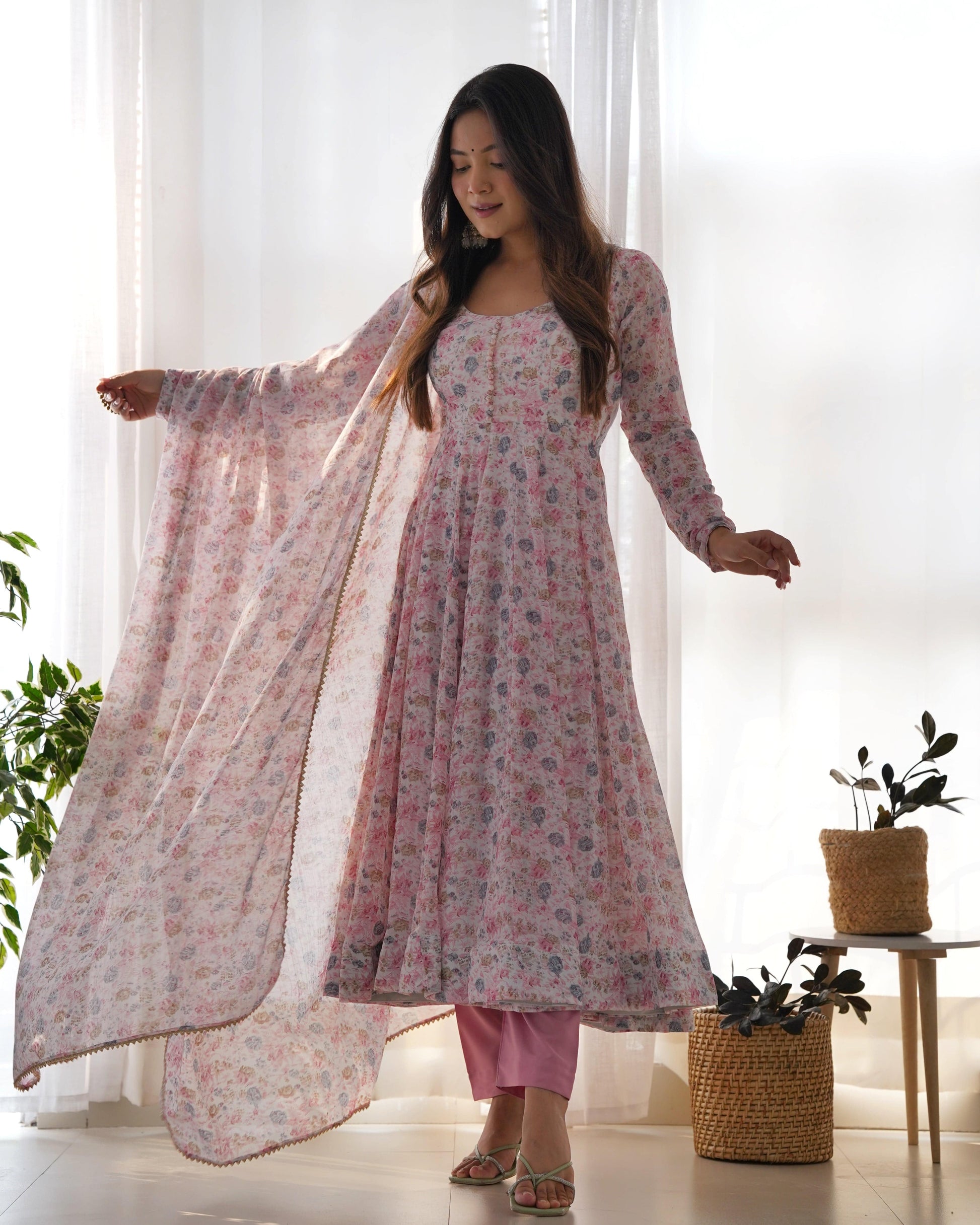 Exquisite Chiffon Floral Digital Printed Fully Stitched Anarkali Pant Suit - Ethnicwish