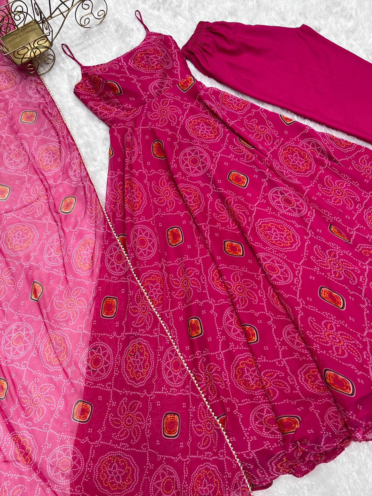 Spectacular Pink Chiffon Bandhej Printed Stitched Anarkali Pant Suit - Ethnicwish
