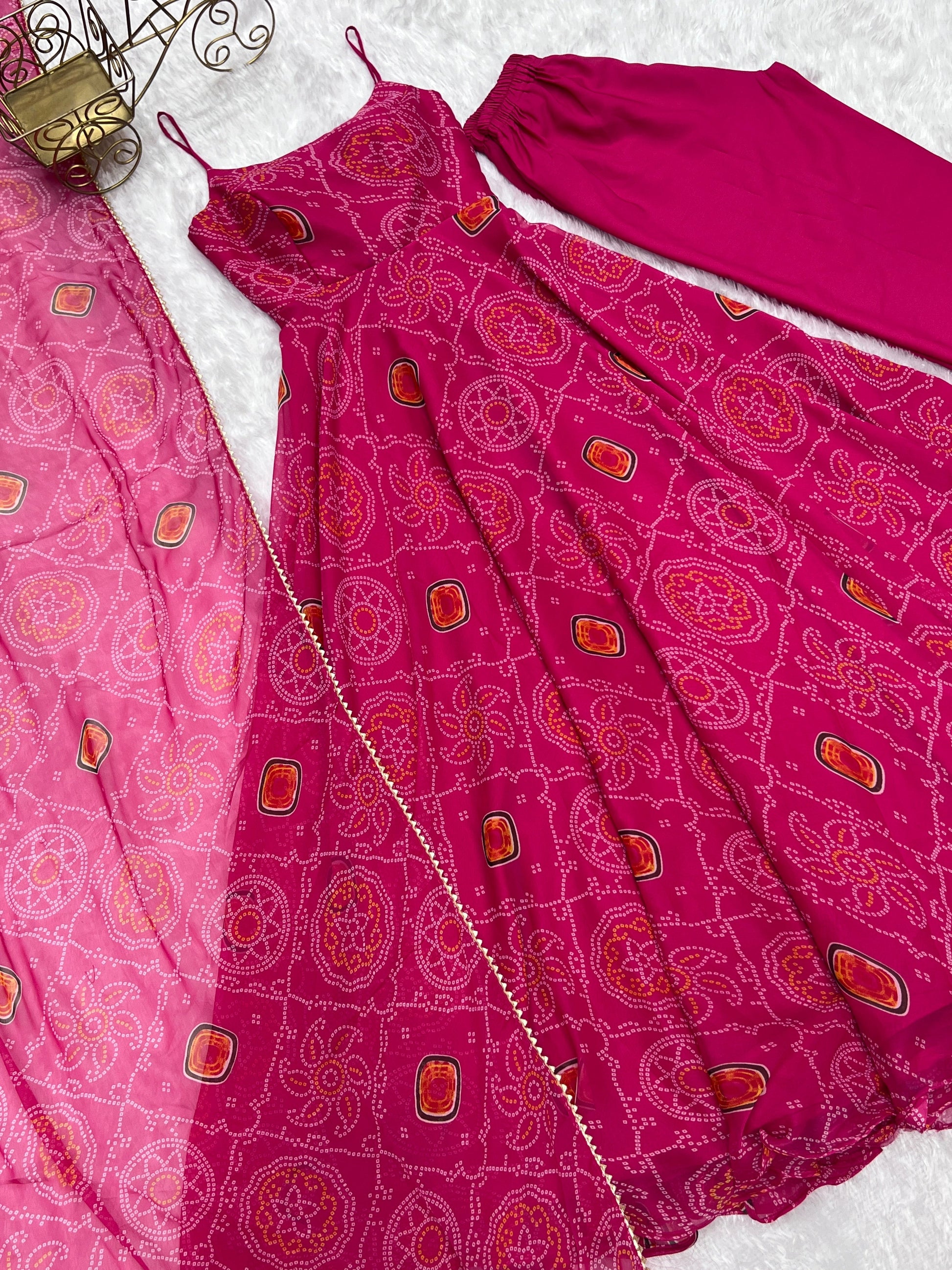 Spectacular Pink Chiffon Bandhej Printed Stitched Anarkali Pant Suit - Ethnicwish
