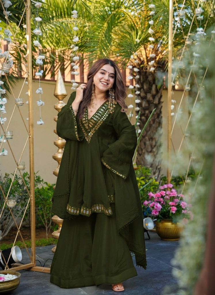 Premium 3 Piece Plazzo Set with Real Mirror & Embroidery Work – Festive & Party Wear Outfit