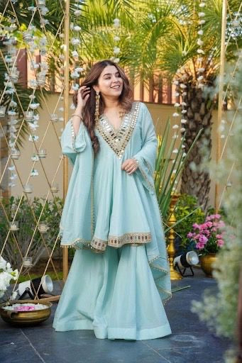 Premium 3 Piece Plazzo Set with Real Mirror & Embroidery Work – Festive & Party Wear Outfit