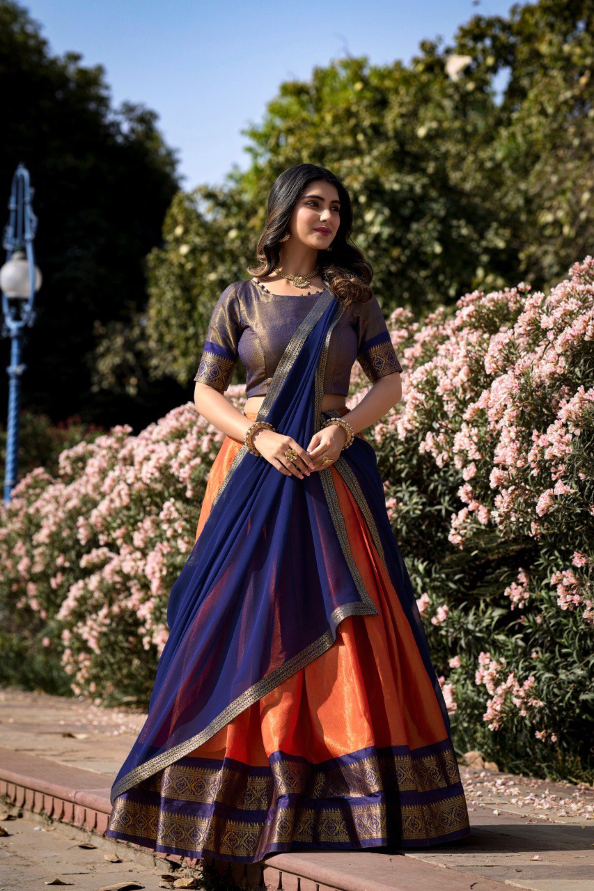 Entrancing Kanchipuram Silk Zari Weaving Worked Lehenga Choli - Ethnicwish
