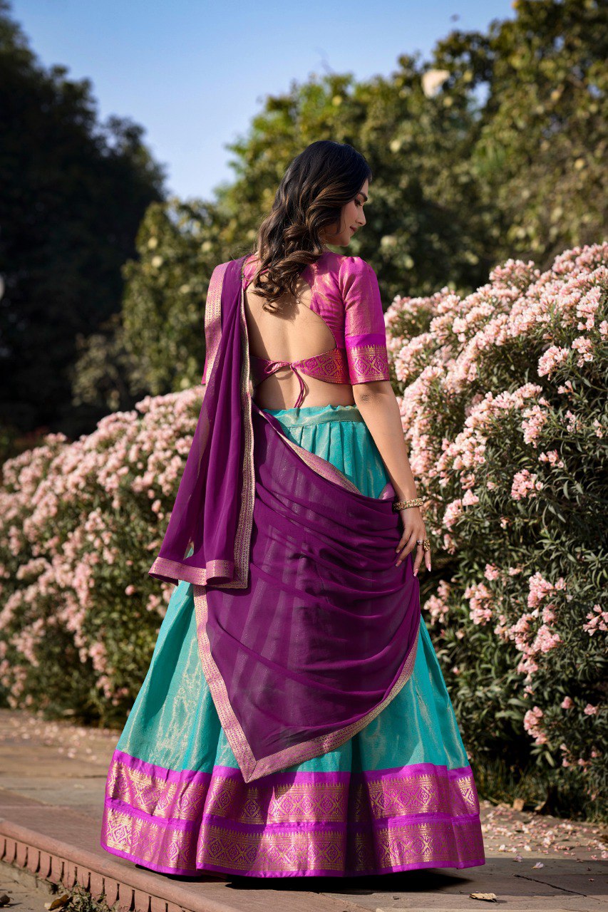 Entrancing Kanchipuram Silk Zari Weaving Worked Lehenga Choli - Ethnicwish
