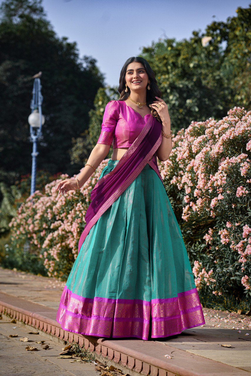 Entrancing Kanchipuram Silk Zari Weaving Worked Lehenga Choli - Ethnicwish
