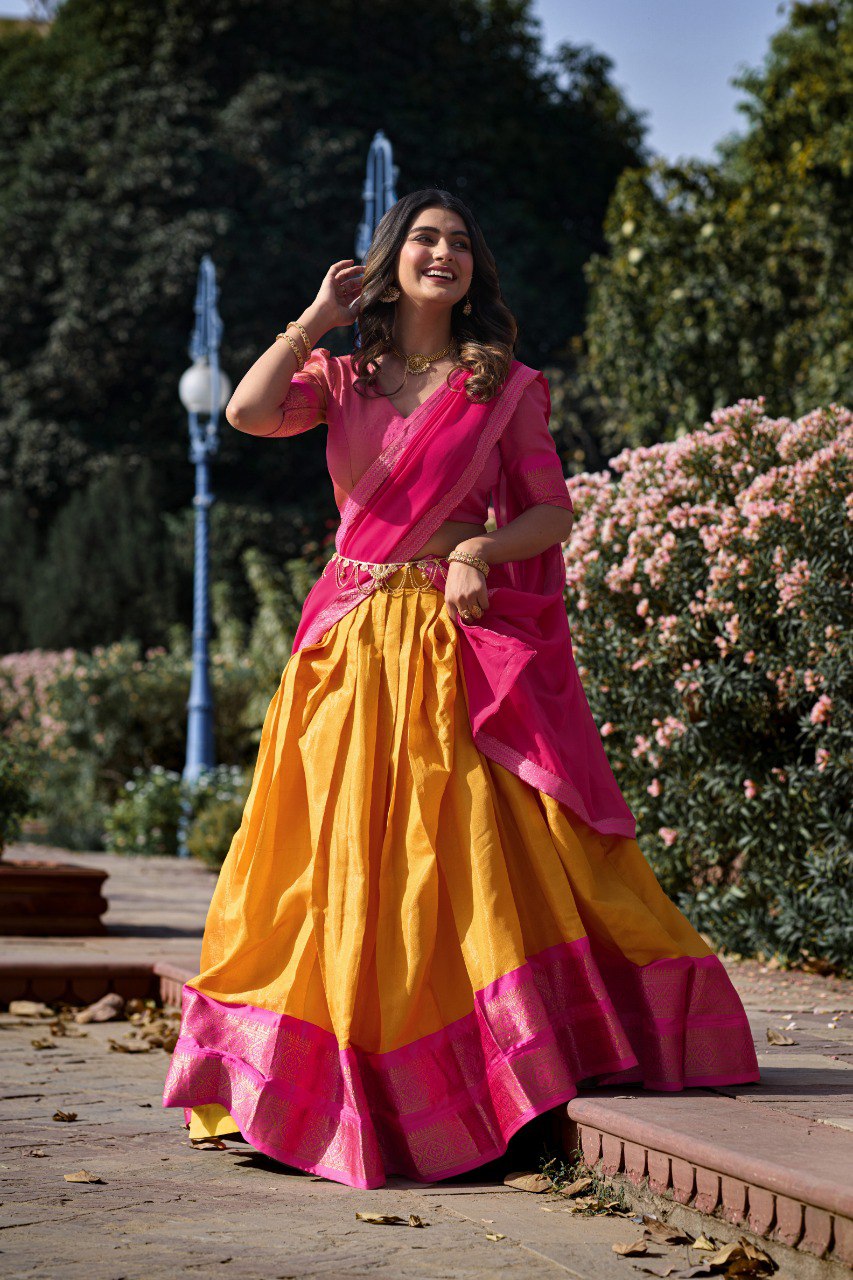 Entrancing Kanchipuram Silk Zari Weaving Worked Lehenga Choli - Ethnicwish