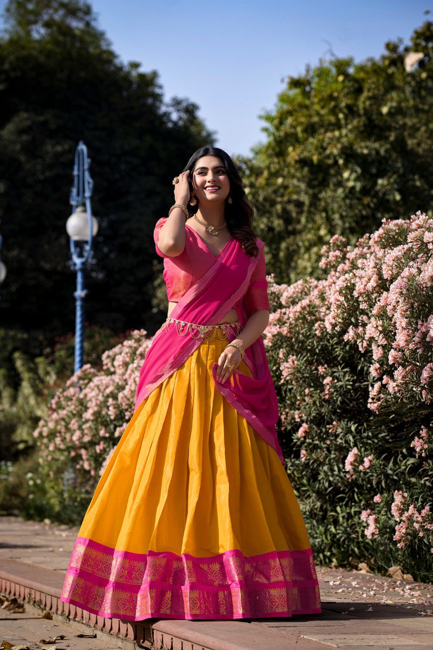 Entrancing Kanchipuram Silk Zari Weaving Worked Lehenga Choli - Ethnicwish