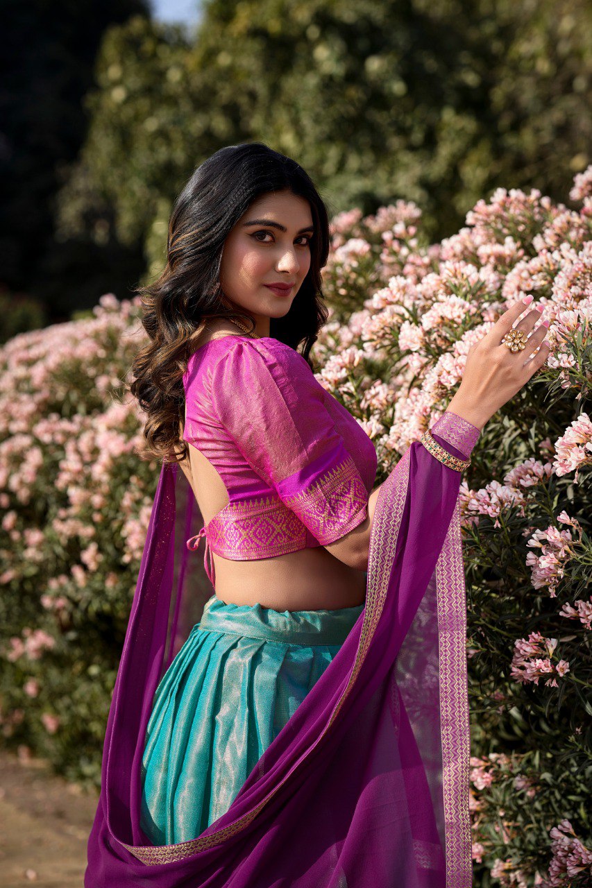 Entrancing Kanchipuram Silk Zari Weaving Worked Lehenga Choli - Ethnicwish