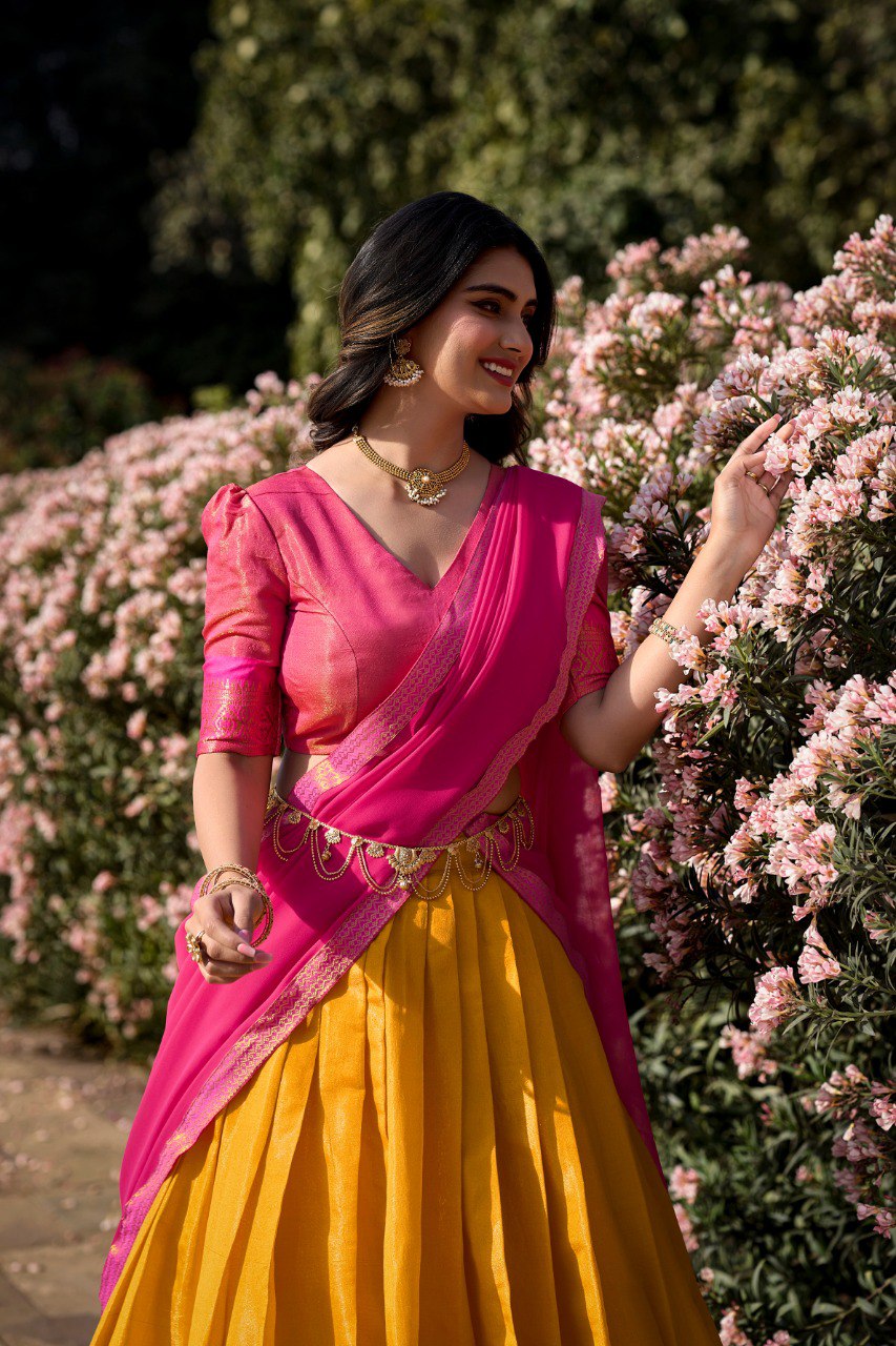 Entrancing Kanchipuram Silk Zari Weaving Worked Lehenga Choli - Ethnicwish