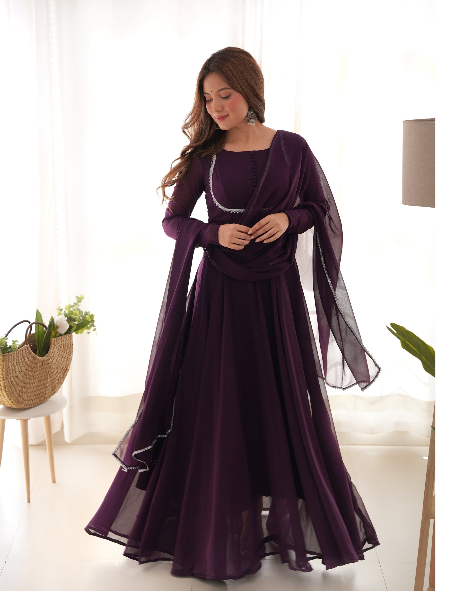 Fetching Faux Georgette Fancy Neck Anarkali Pant Suit - Ethnicwish