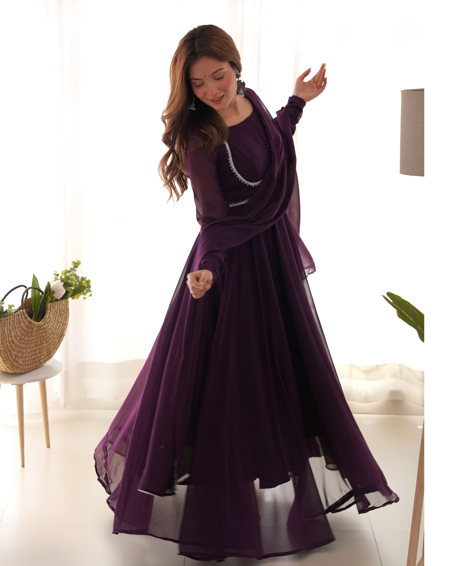 Fetching Faux Georgette Fancy Neck Anarkali Pant Suit - Ethnicwish