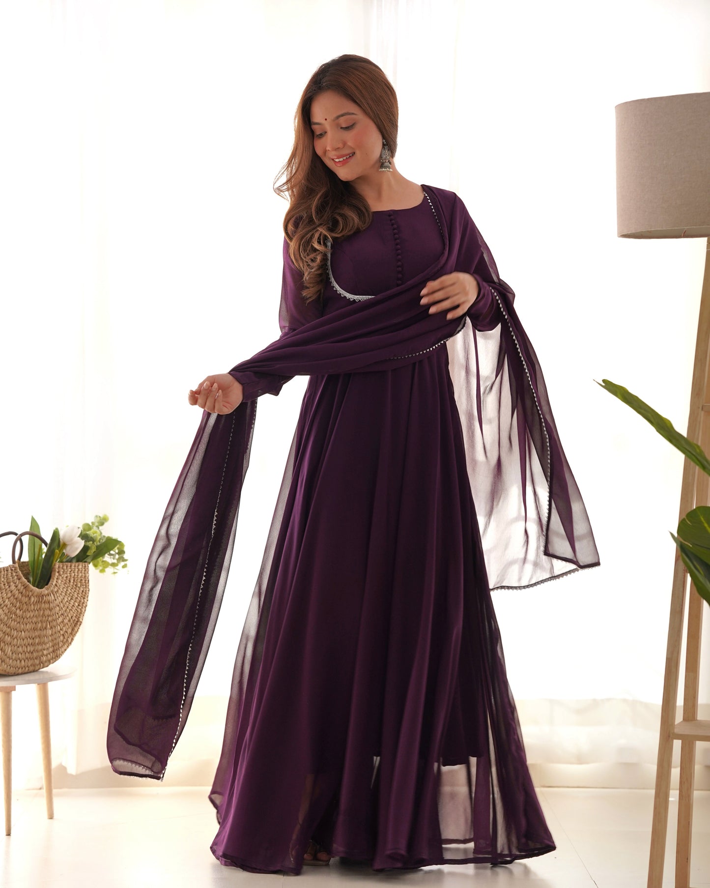Fetching Faux Georgette Fancy Neck Anarkali Pant Suit - Ethnicwish