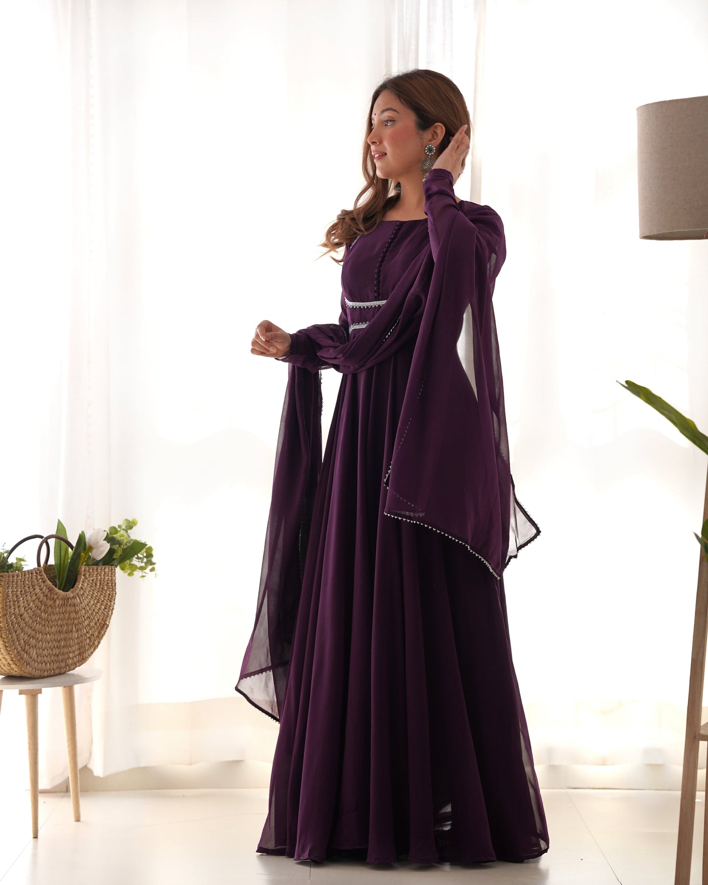 Fetching Faux Georgette Fancy Neck Anarkali Pant Suit - Ethnicwish