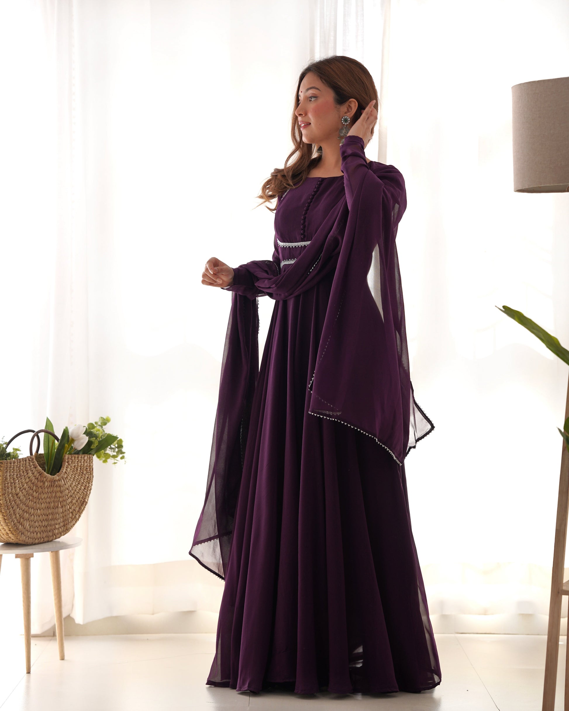 Fetching Faux Georgette Fancy Neck Anarkali Pant Suit - Ethnicwish