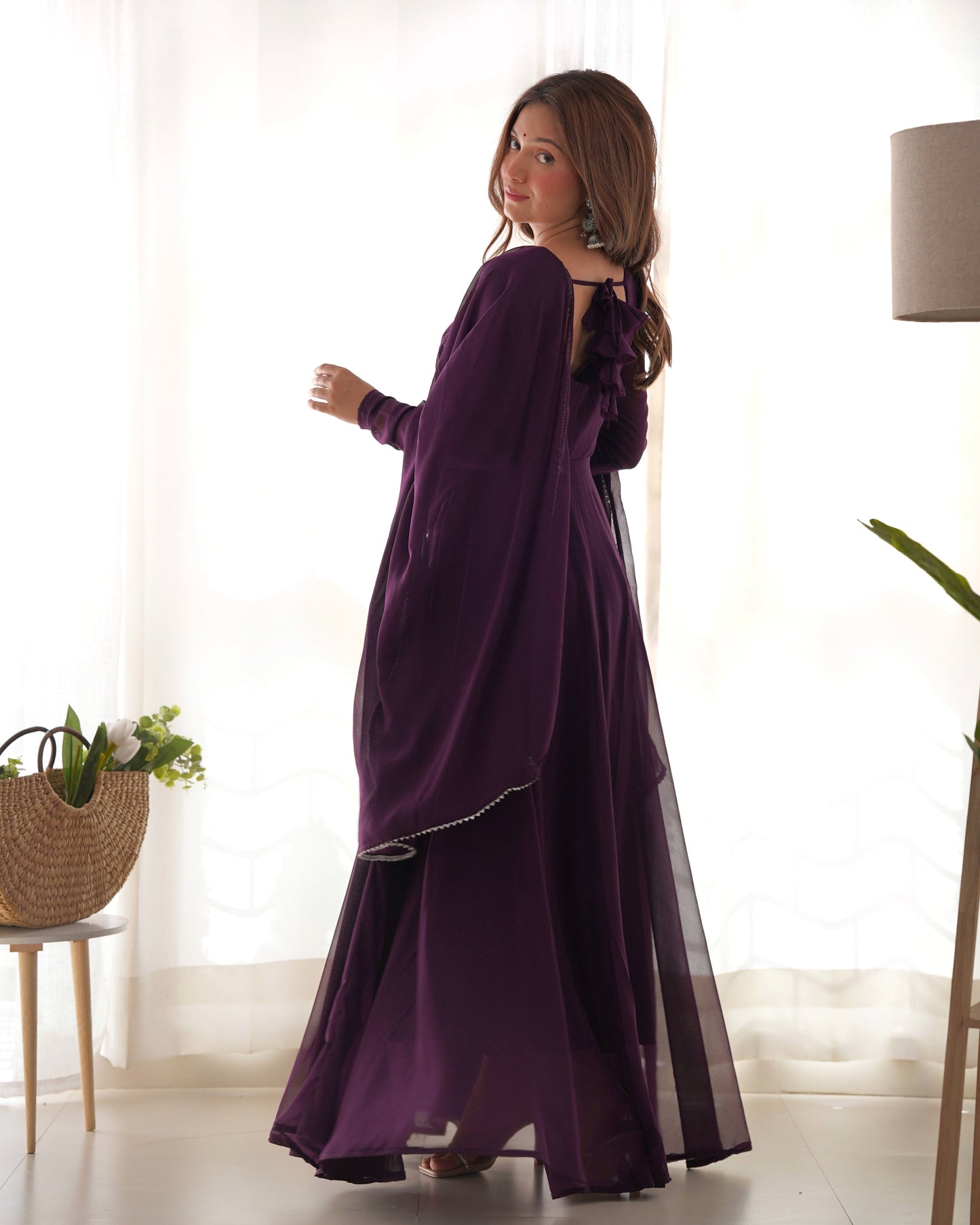 Fetching Faux Georgette Fancy Neck Anarkali Pant Suit - Ethnicwish
