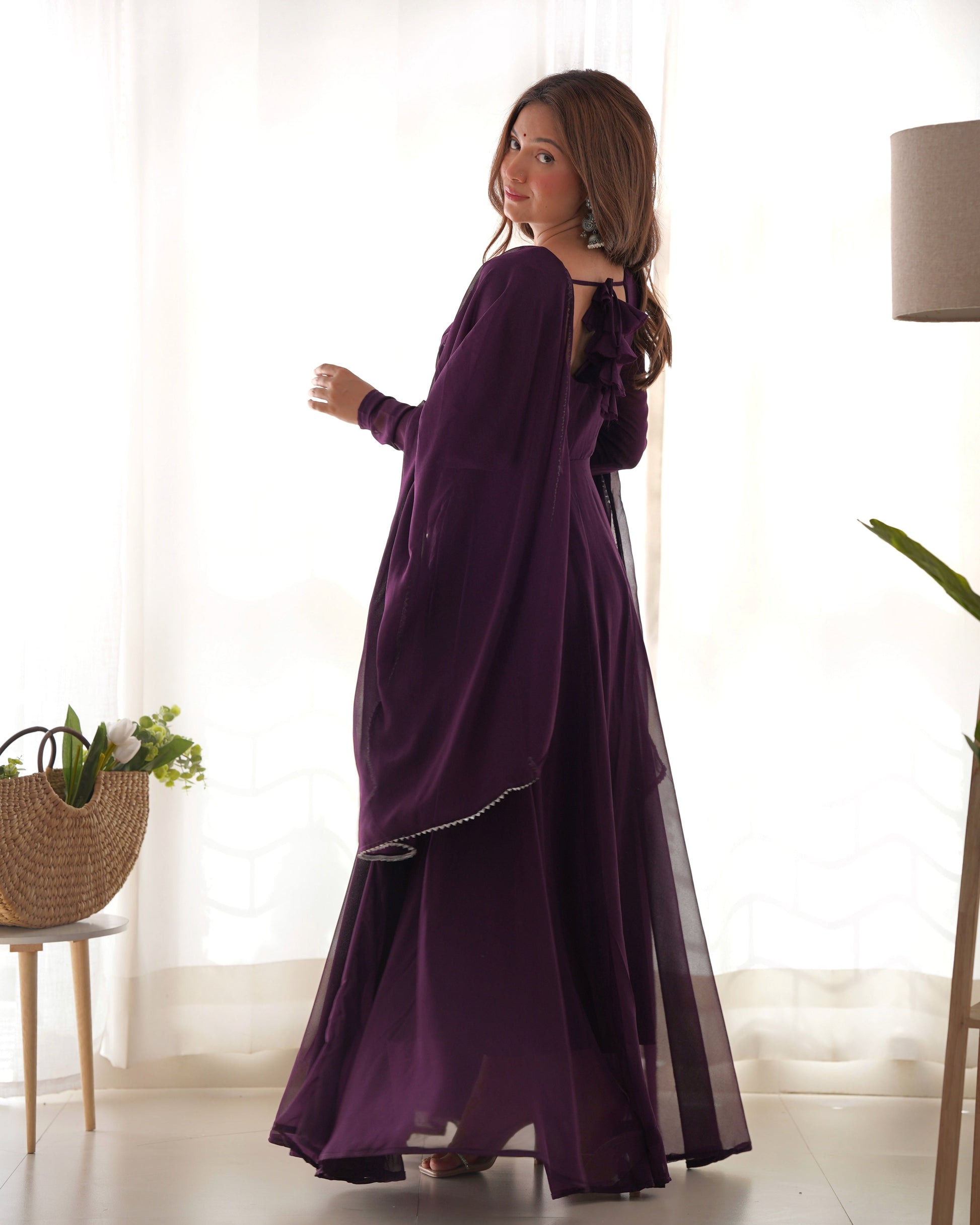 Fetching Faux Georgette Fancy Neck Anarkali Pant Suit - Ethnicwish