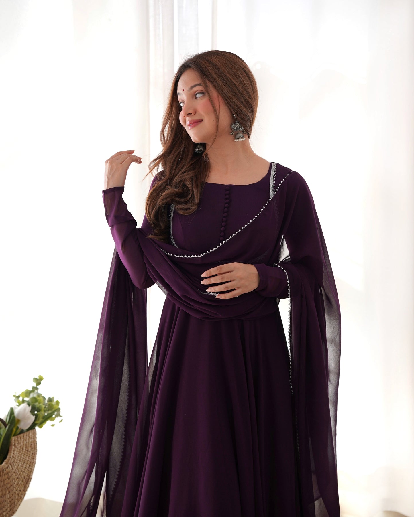 Fetching Faux Georgette Fancy Neck Anarkali Pant Suit - Ethnicwish