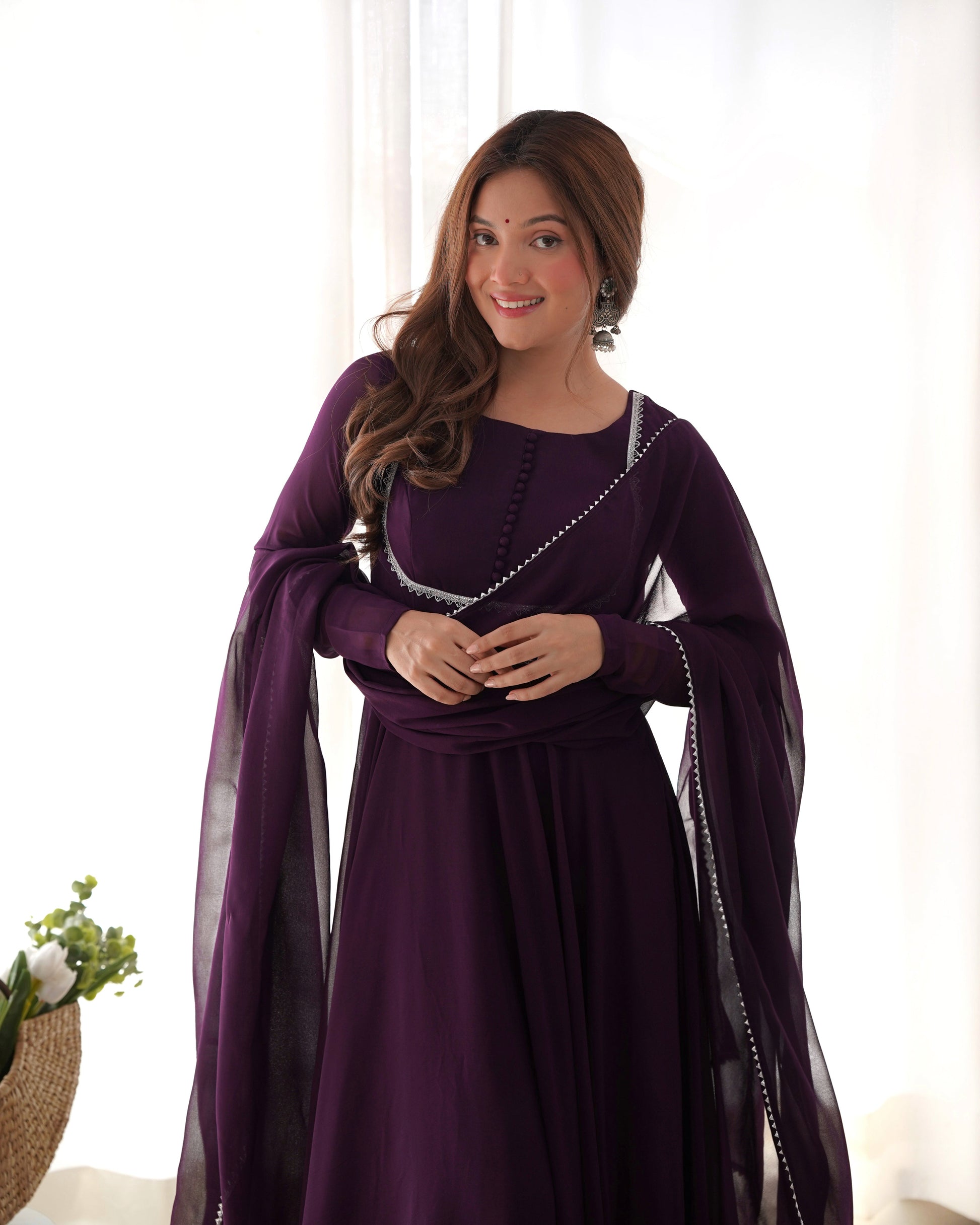 Fetching Faux Georgette Fancy Neck Anarkali Pant Suit - Ethnicwish