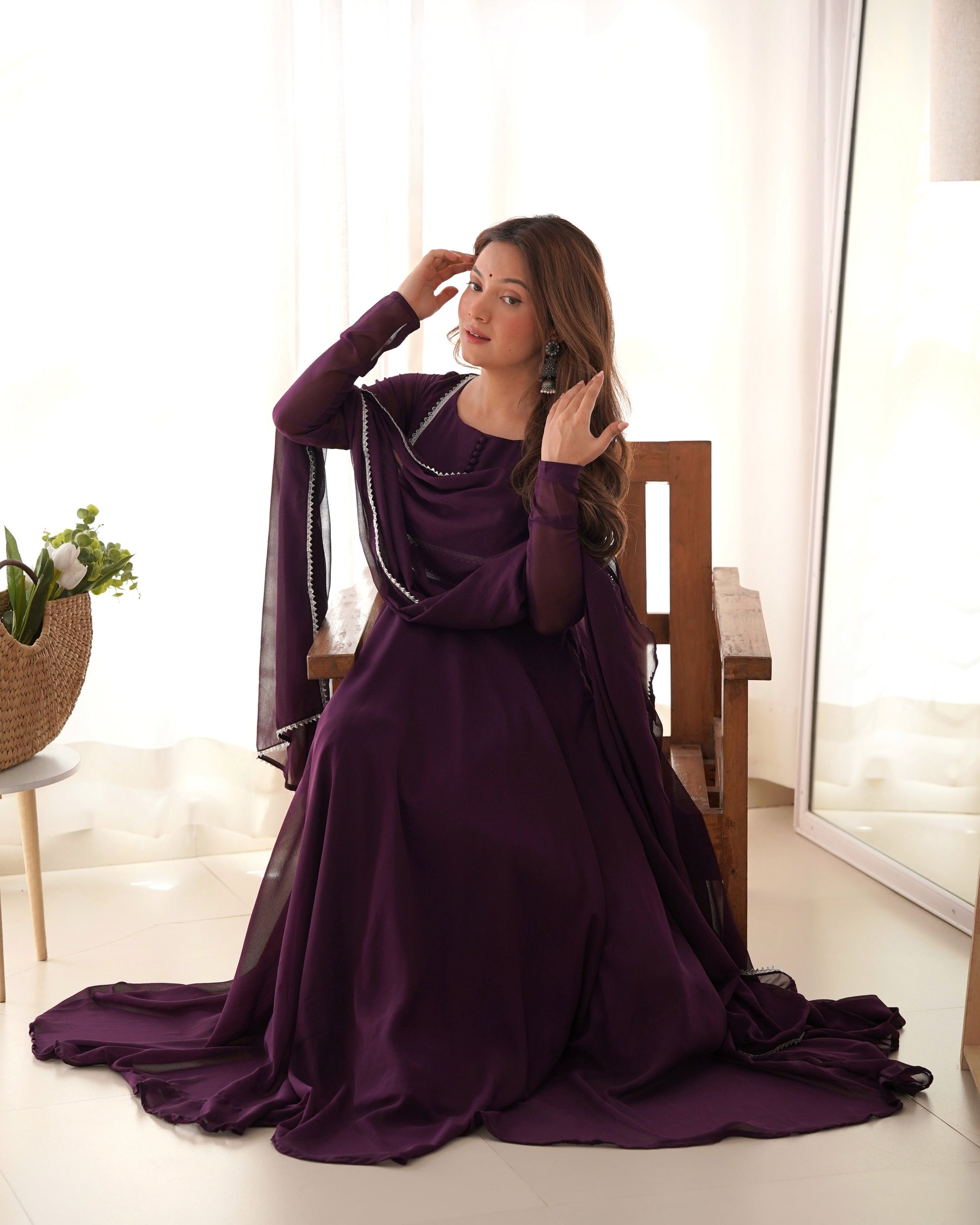 Fetching Faux Georgette Fancy Neck Anarkali Pant Suit - Ethnicwish