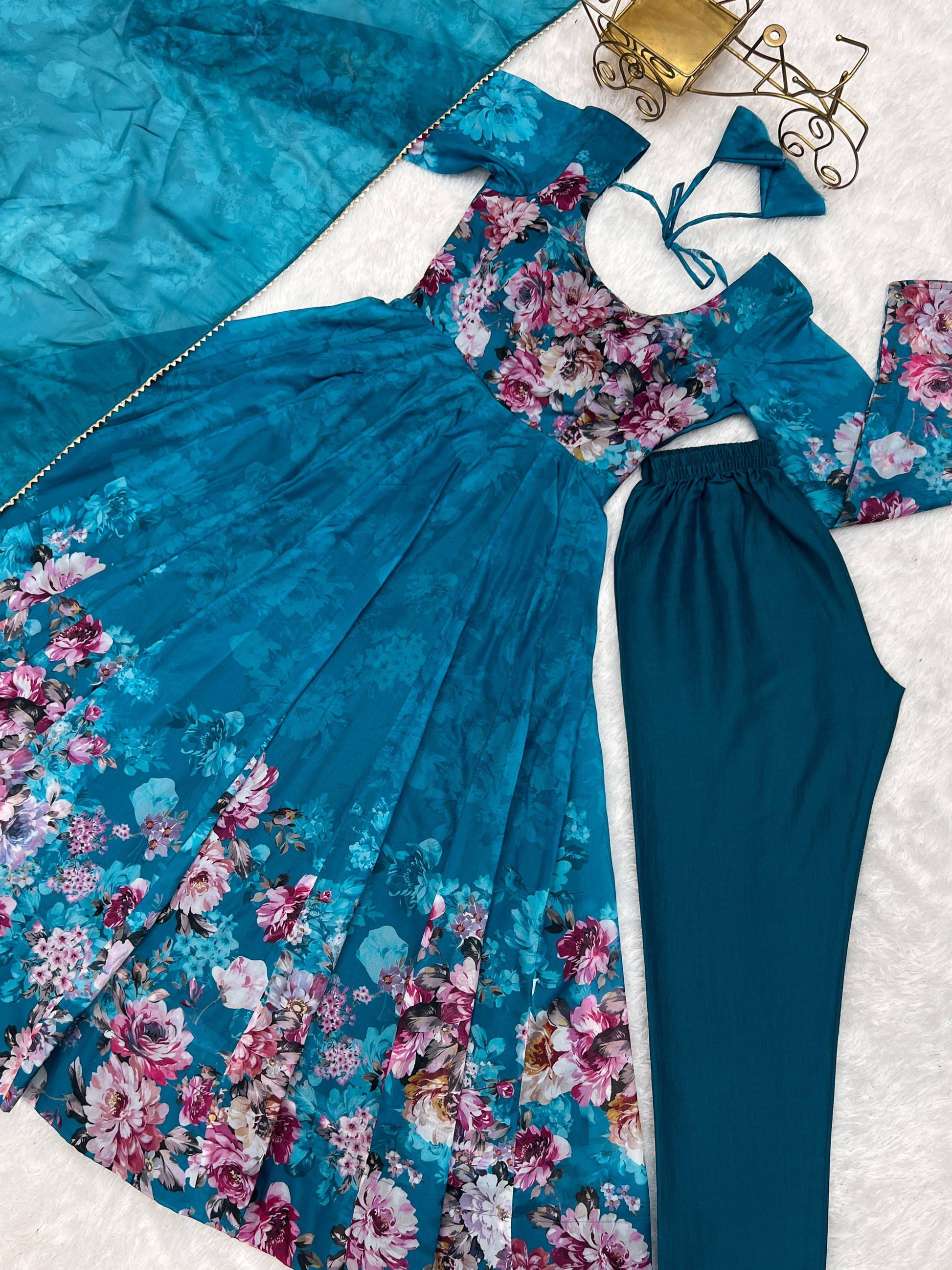 Lovely Organza Silk Floral Digital Printed Anarkali Pant Suit - Ethnicwish