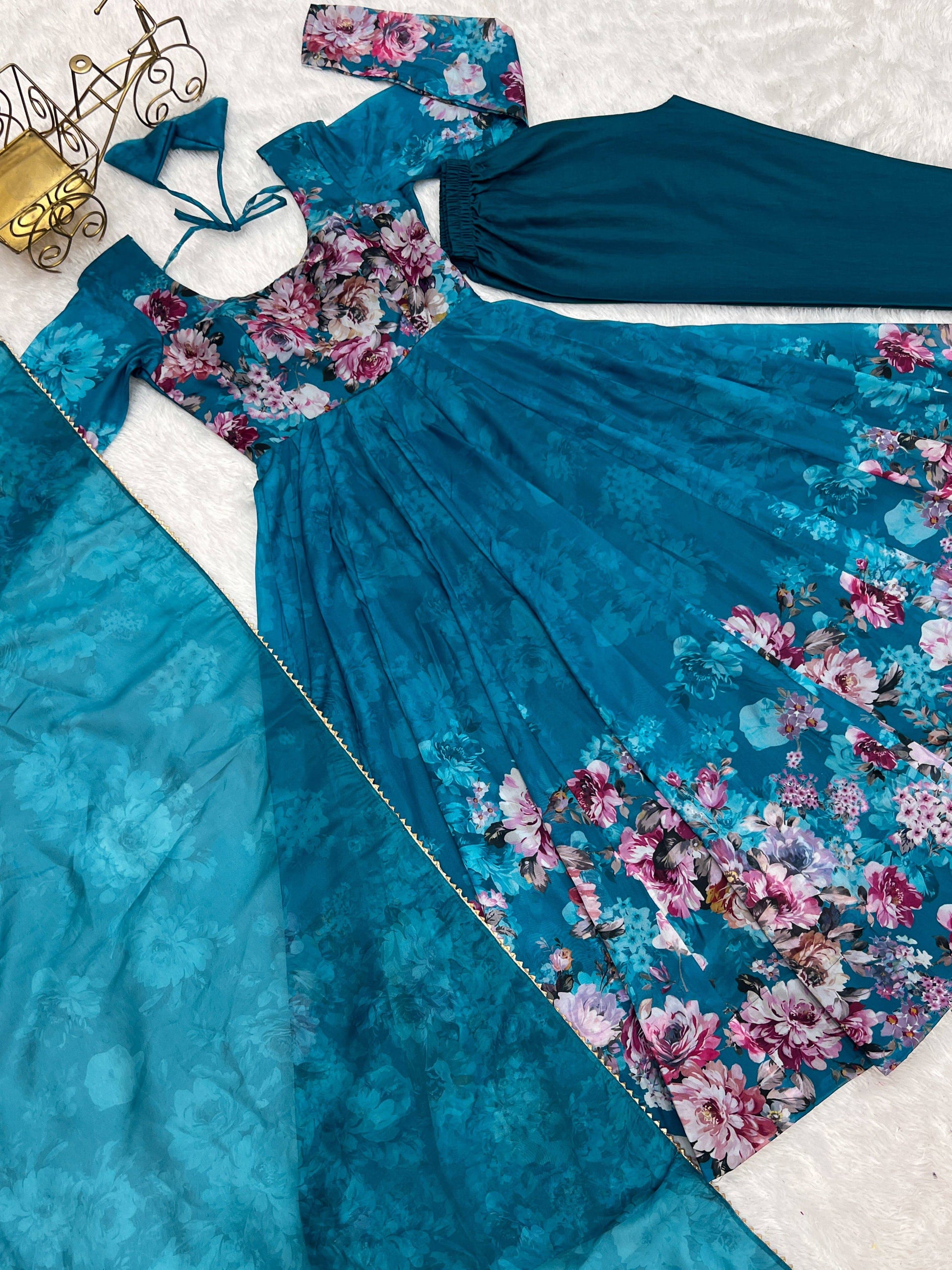 Lovely Organza Silk Floral Digital Printed Anarkali Pant Suit - Ethnicwish