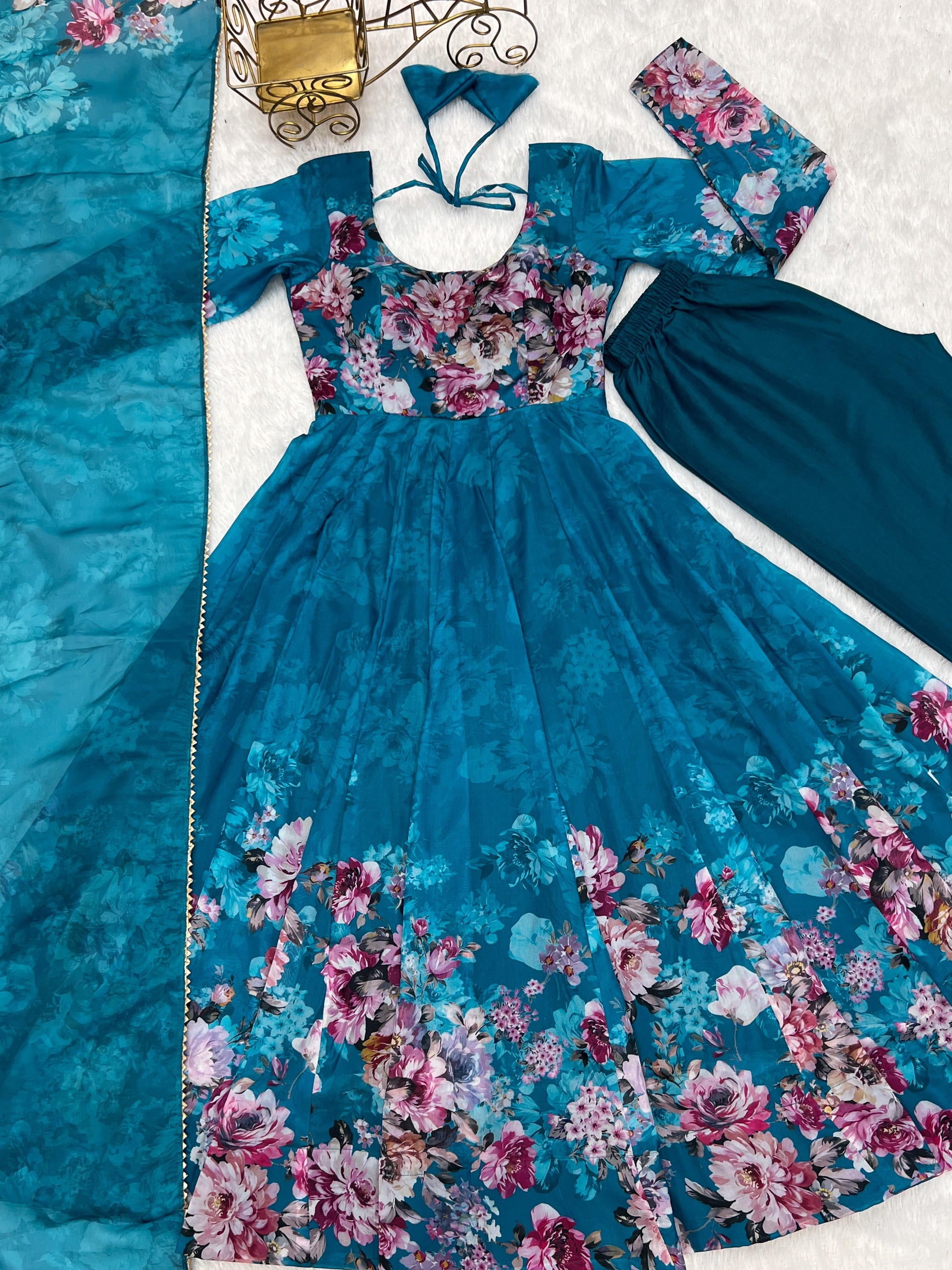 Lovely Organza Silk Floral Digital Printed Anarkali Pant Suit - Ethnicwish