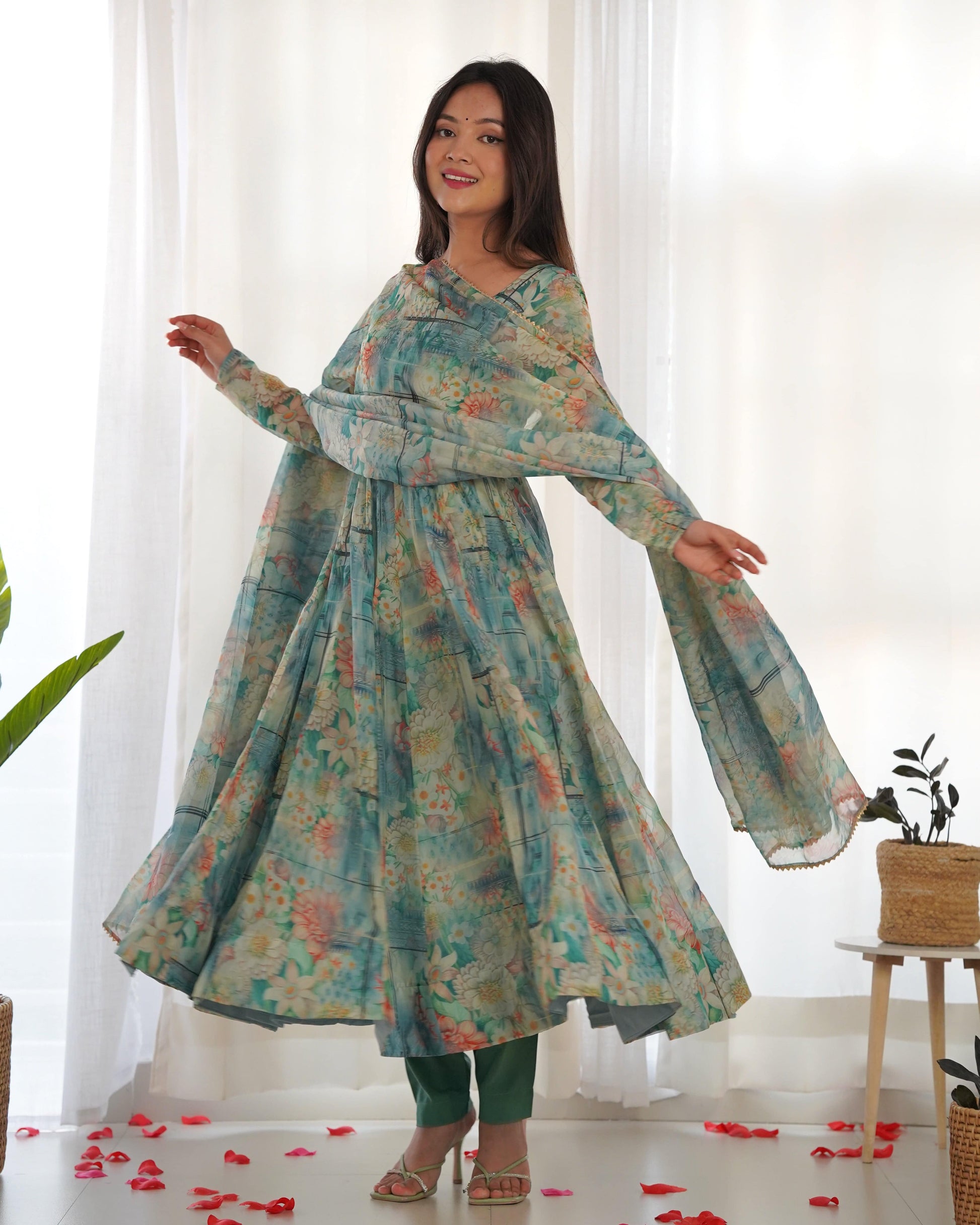 Graceful Organza Silk Intricate Printed Fully Stitched Anarkali Pant Suit - Ethnicwish