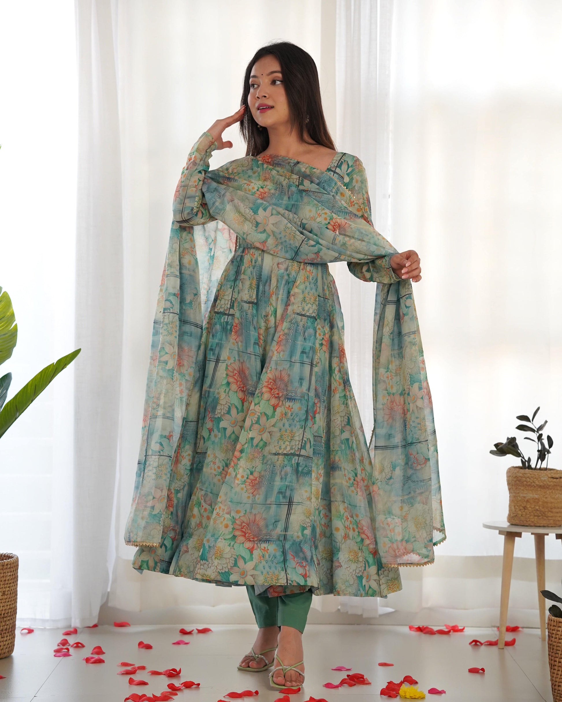 Graceful Organza Silk Intricate Printed Fully Stitched Anarkali Pant Suit - Ethnicwish